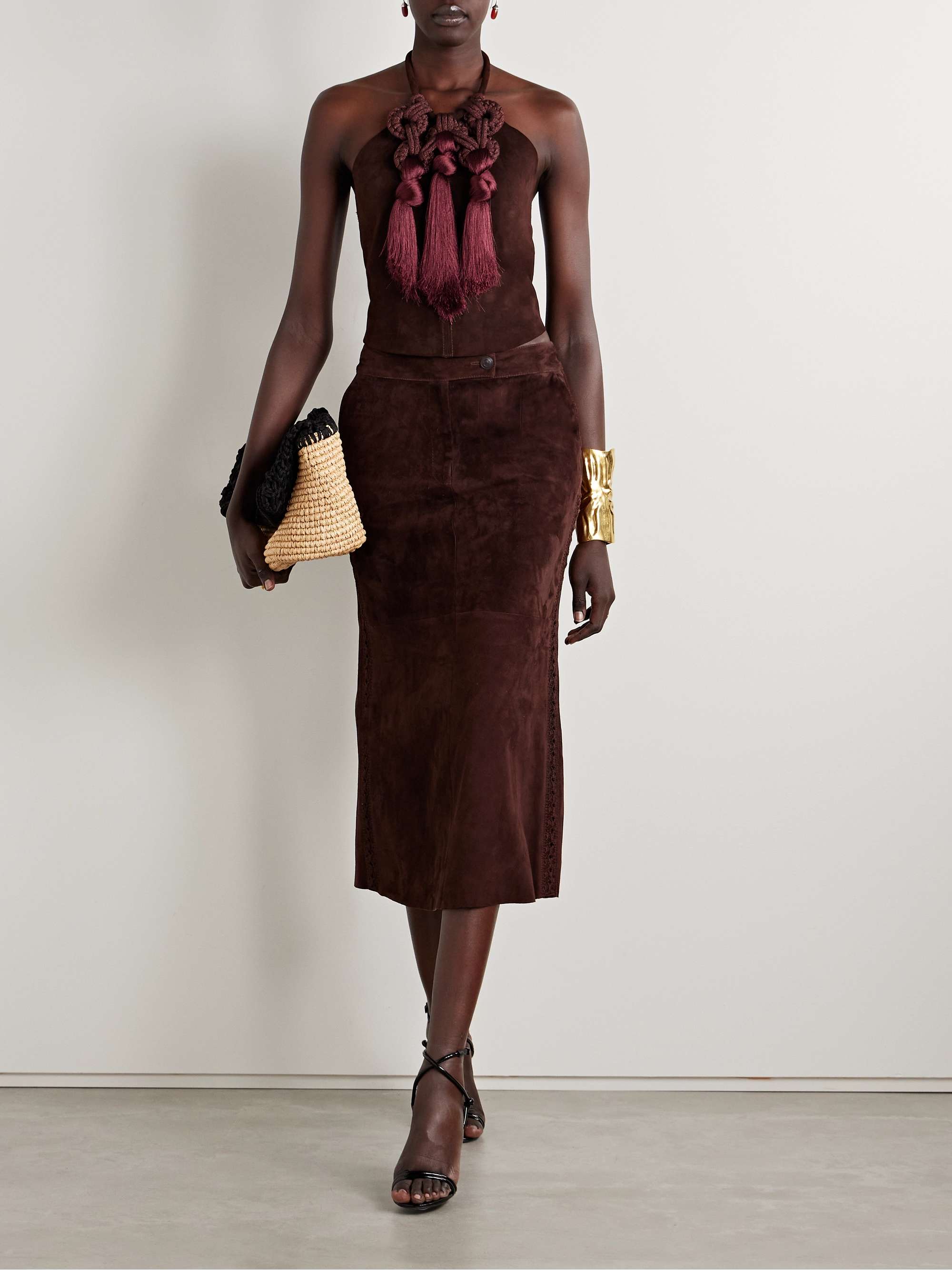 Kell cropped tasseled suede halterneck top view