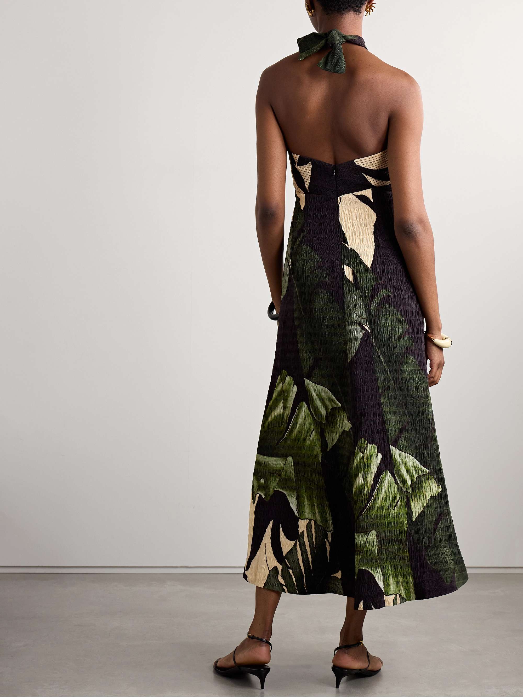 Elegant Expedition printed plissé-satin halterneck midi dress view