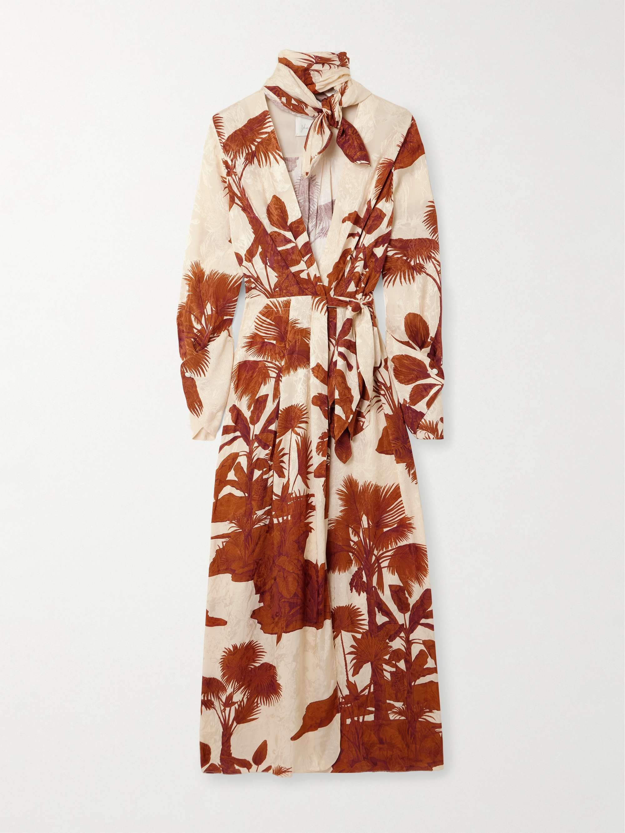Unmooring tie-detailed printed satin-jacquard midi wrap dress view