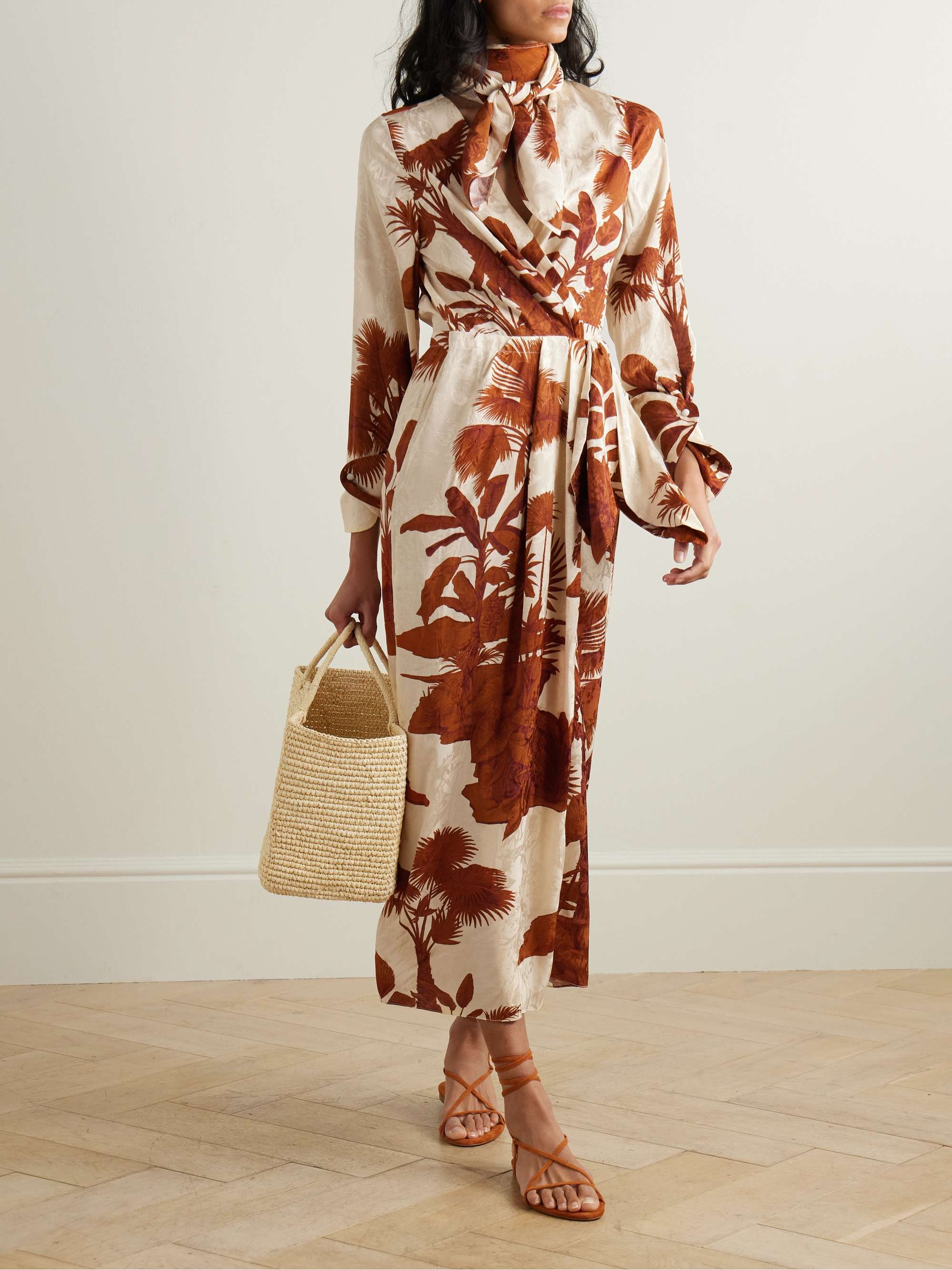Unmooring tie-detailed printed satin-jacquard midi wrap dress view