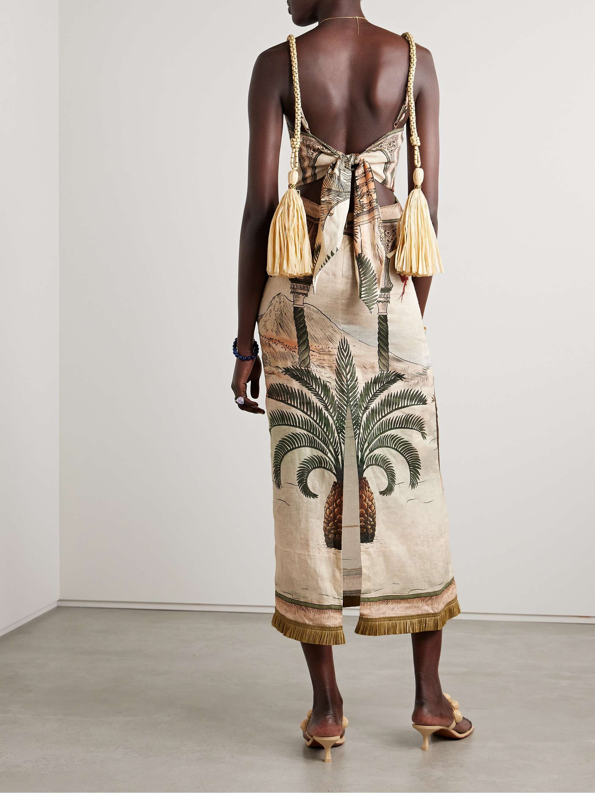 Cartagening tasseled straw-trimmed printed linen-voile midi dress view