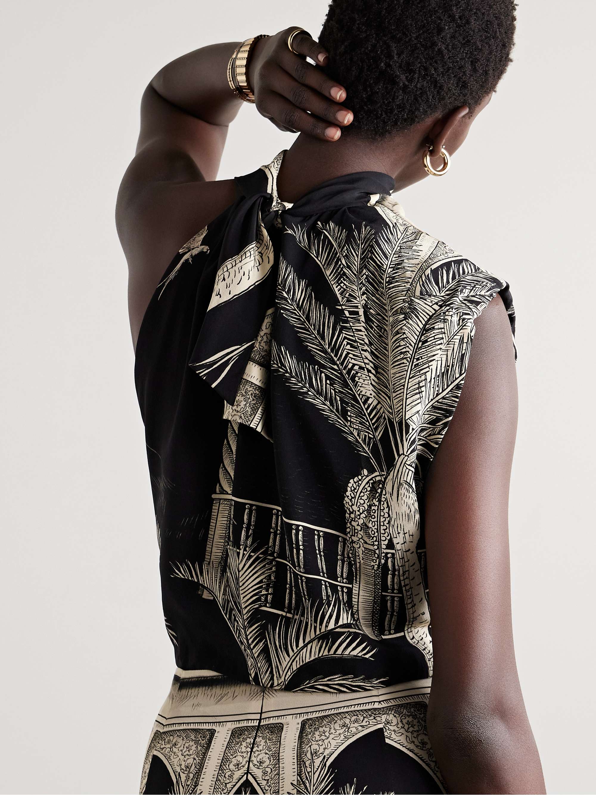 Natural Harbor one-sleeve draped printed silk crepe de chine top view