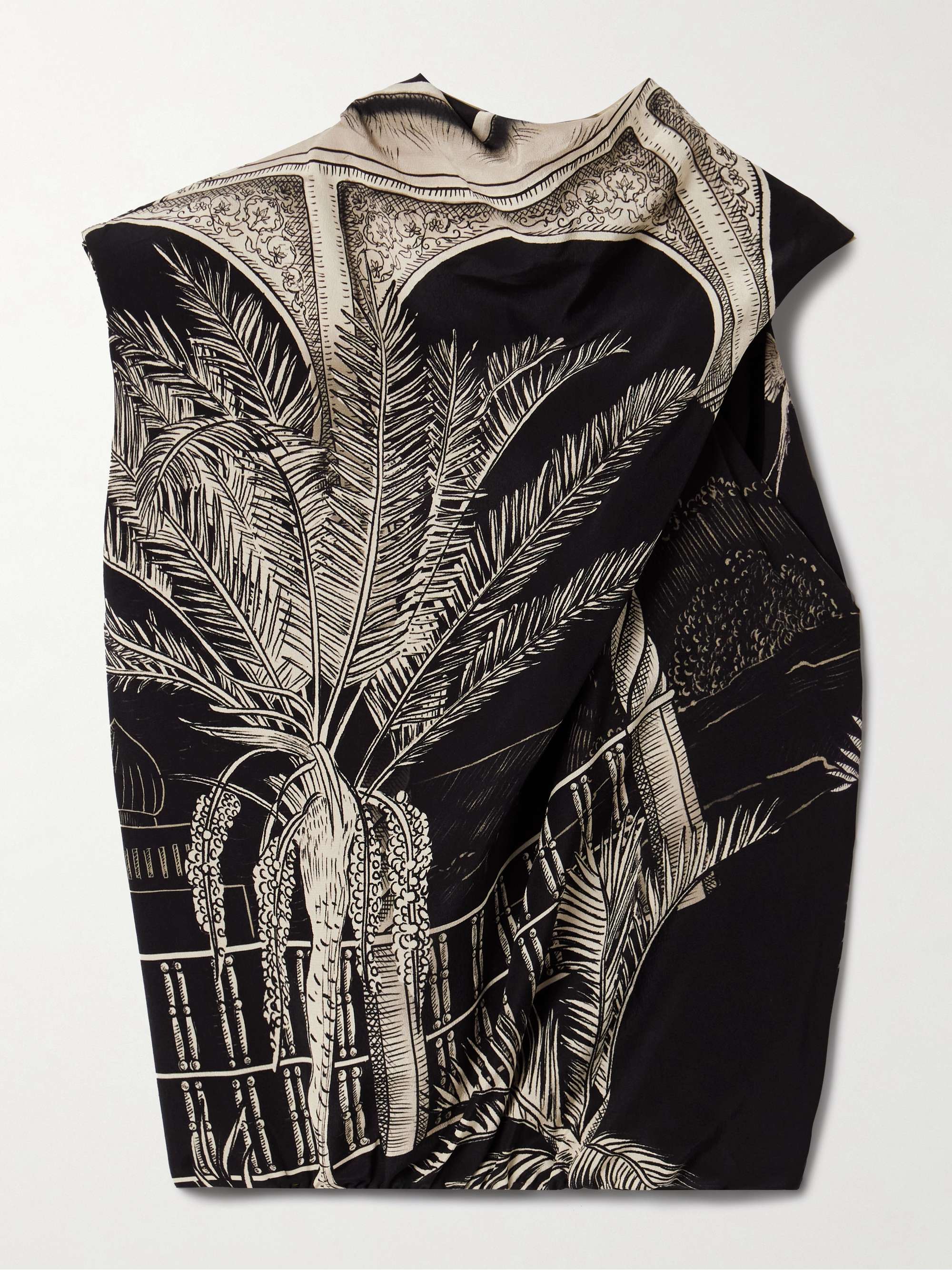 Natural Harbor one-sleeve draped printed silk crepe de chine top view