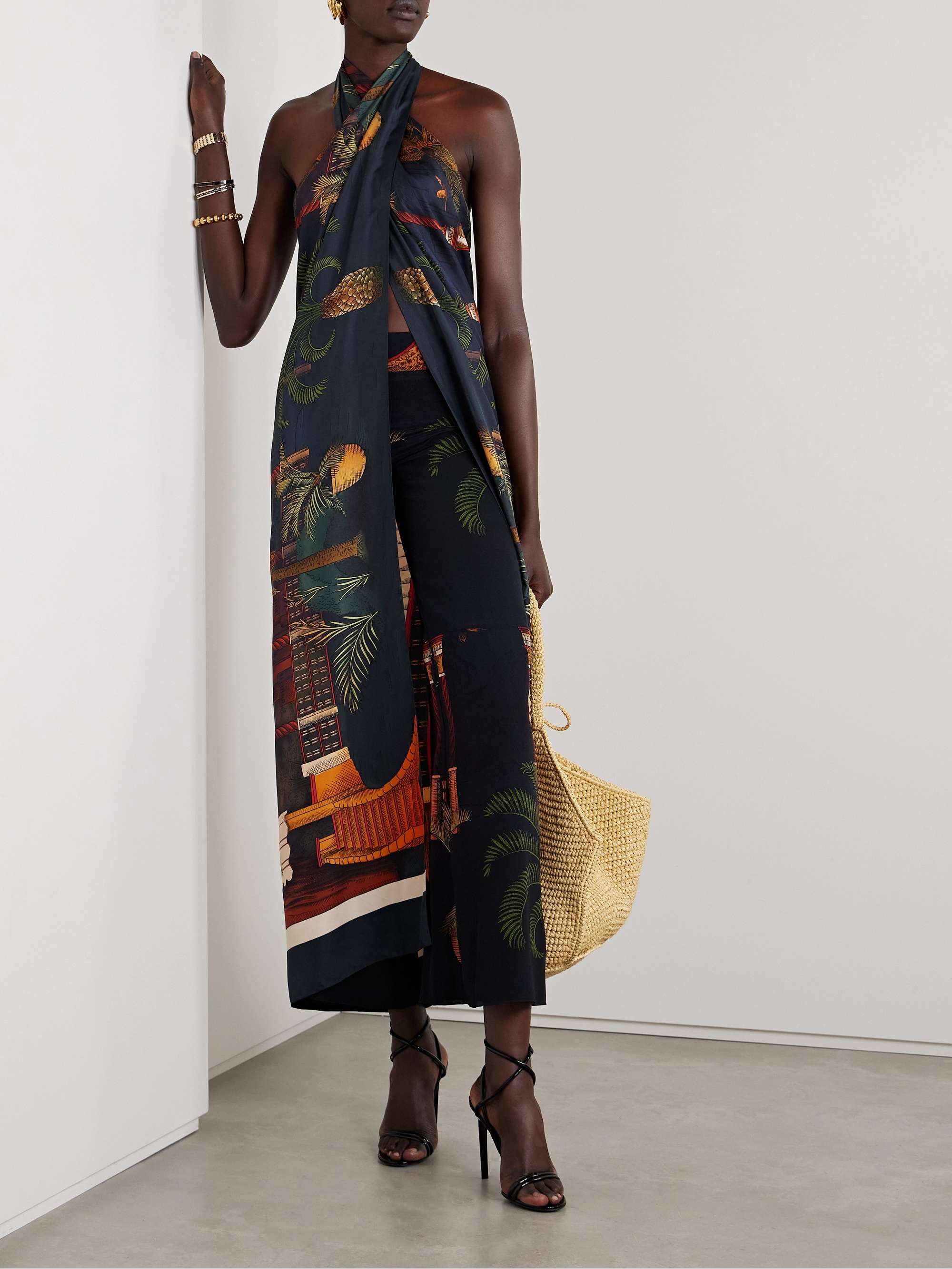 Enigma de Seda open-back draped printed silk-satin halterneck tunic view