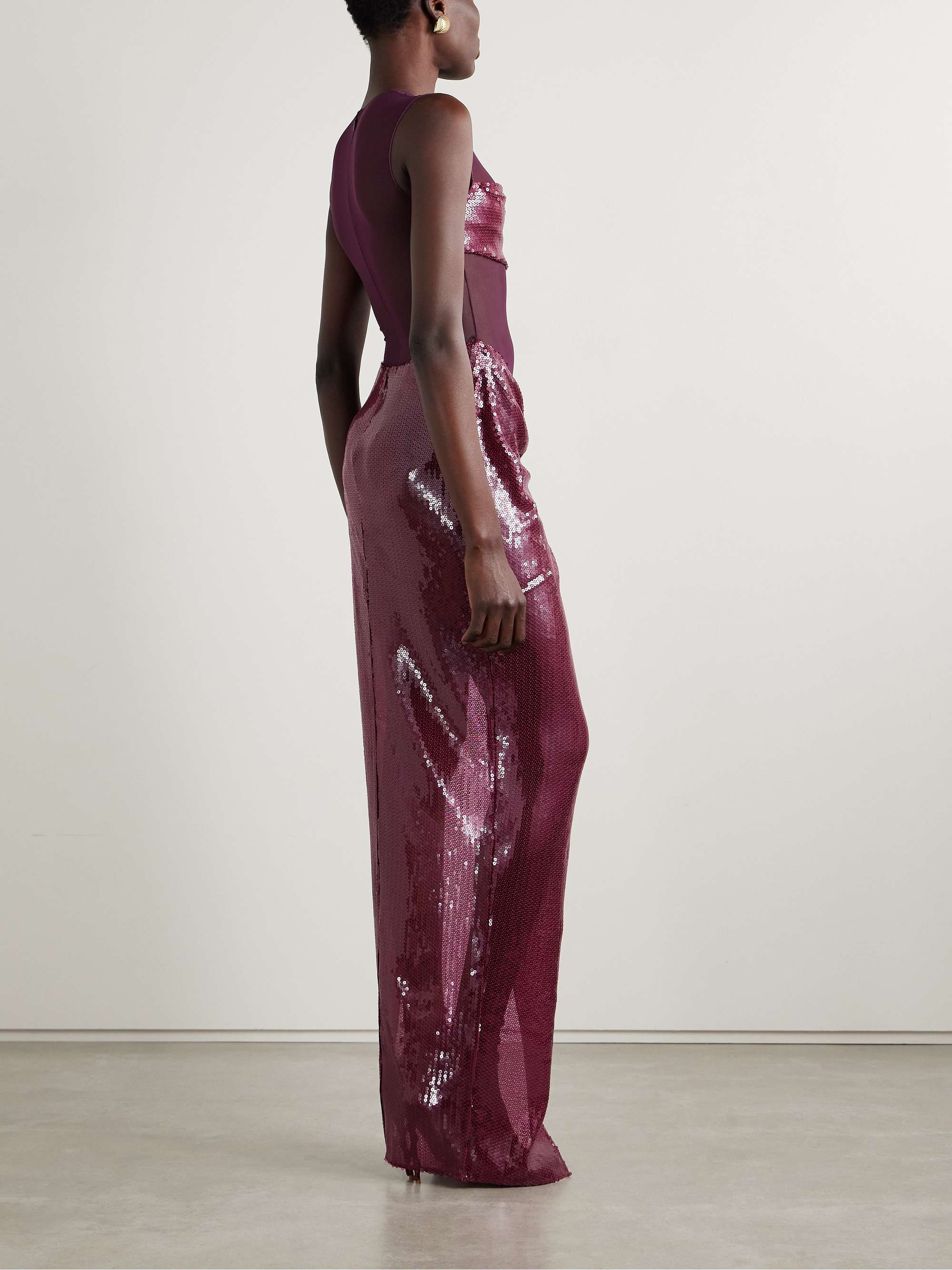 Asymmetric paneled draped sequined tulle gown view