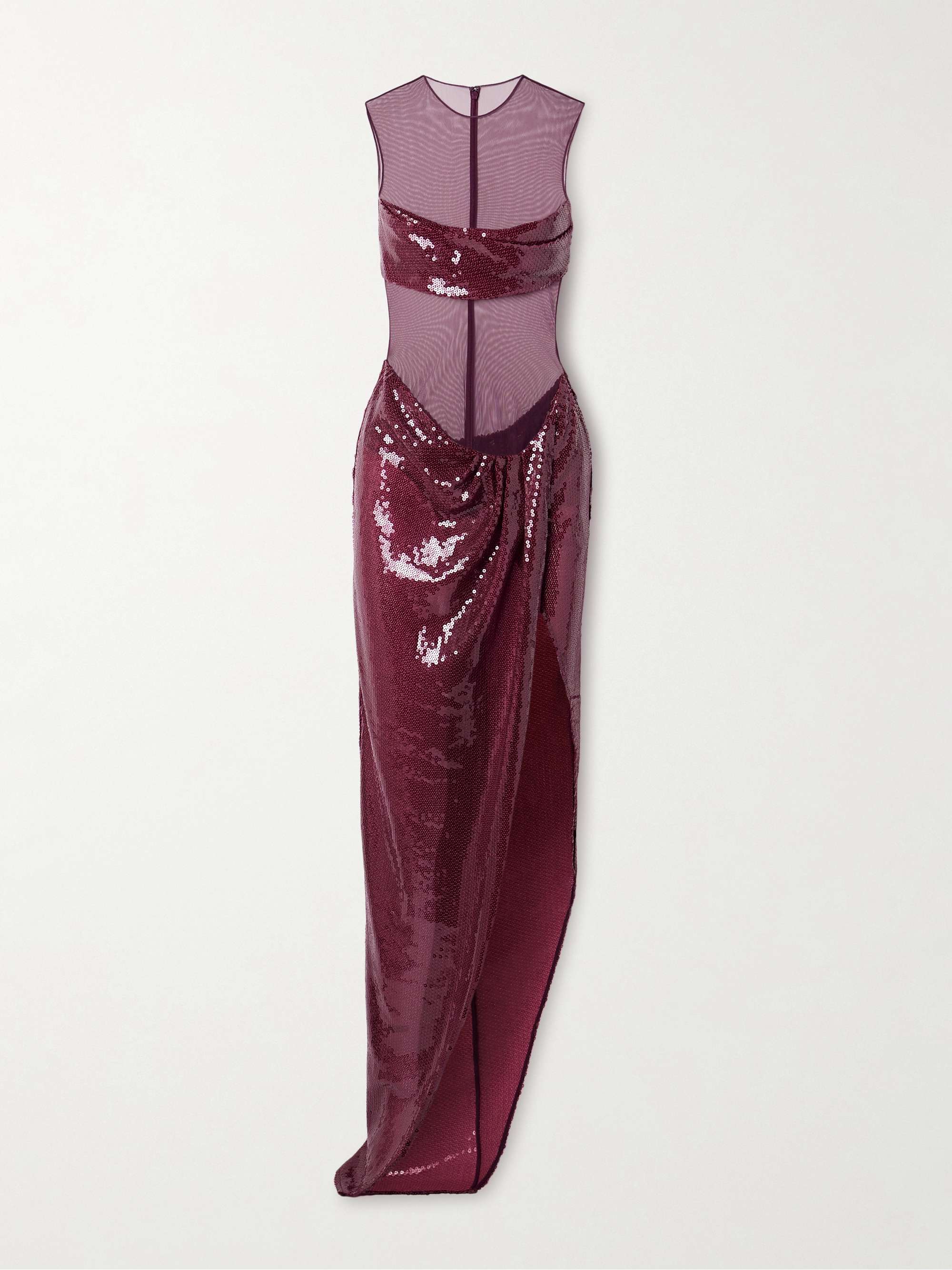 Asymmetric paneled draped sequined tulle gown view