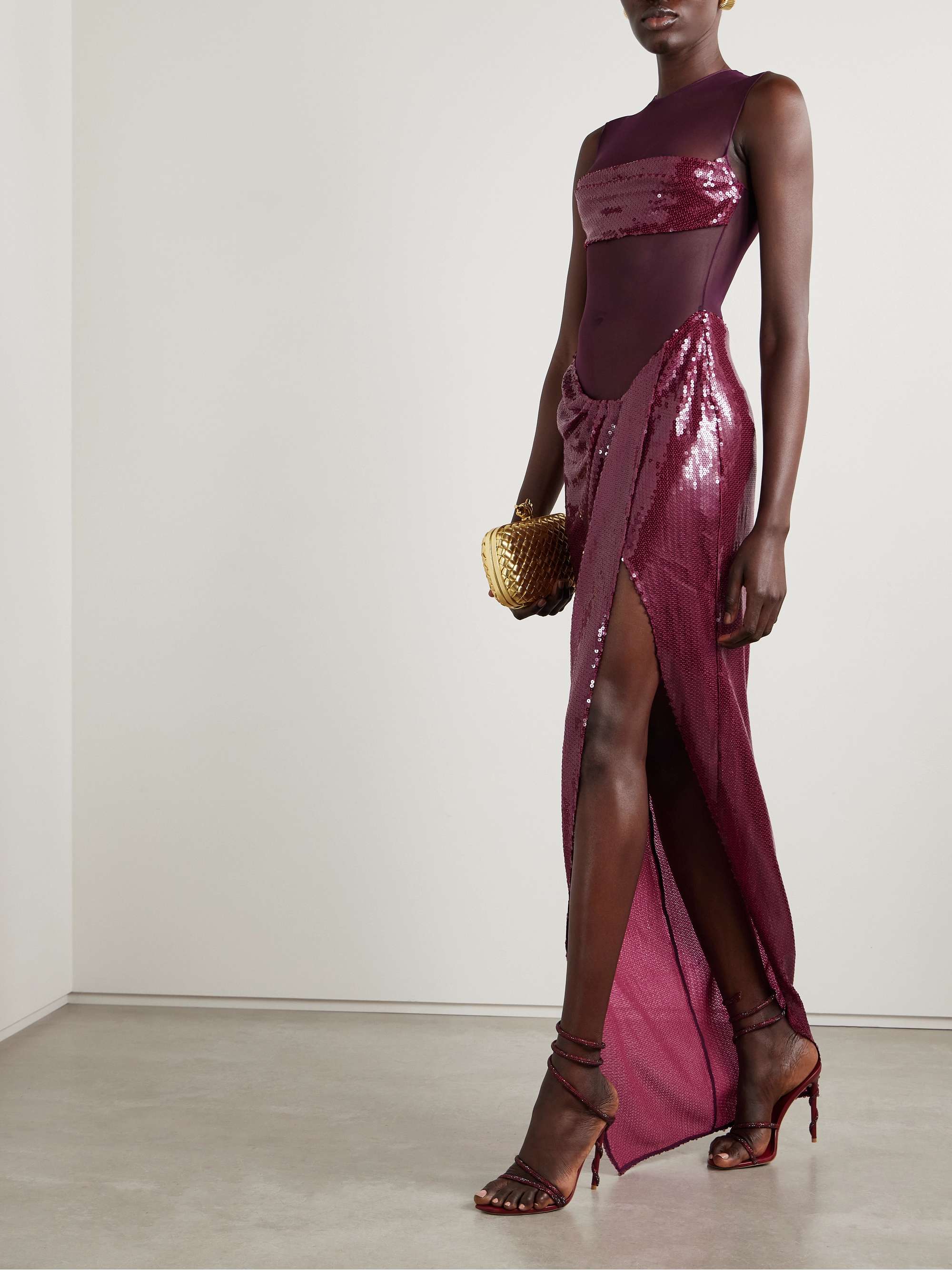 Asymmetric paneled draped sequined tulle gown view