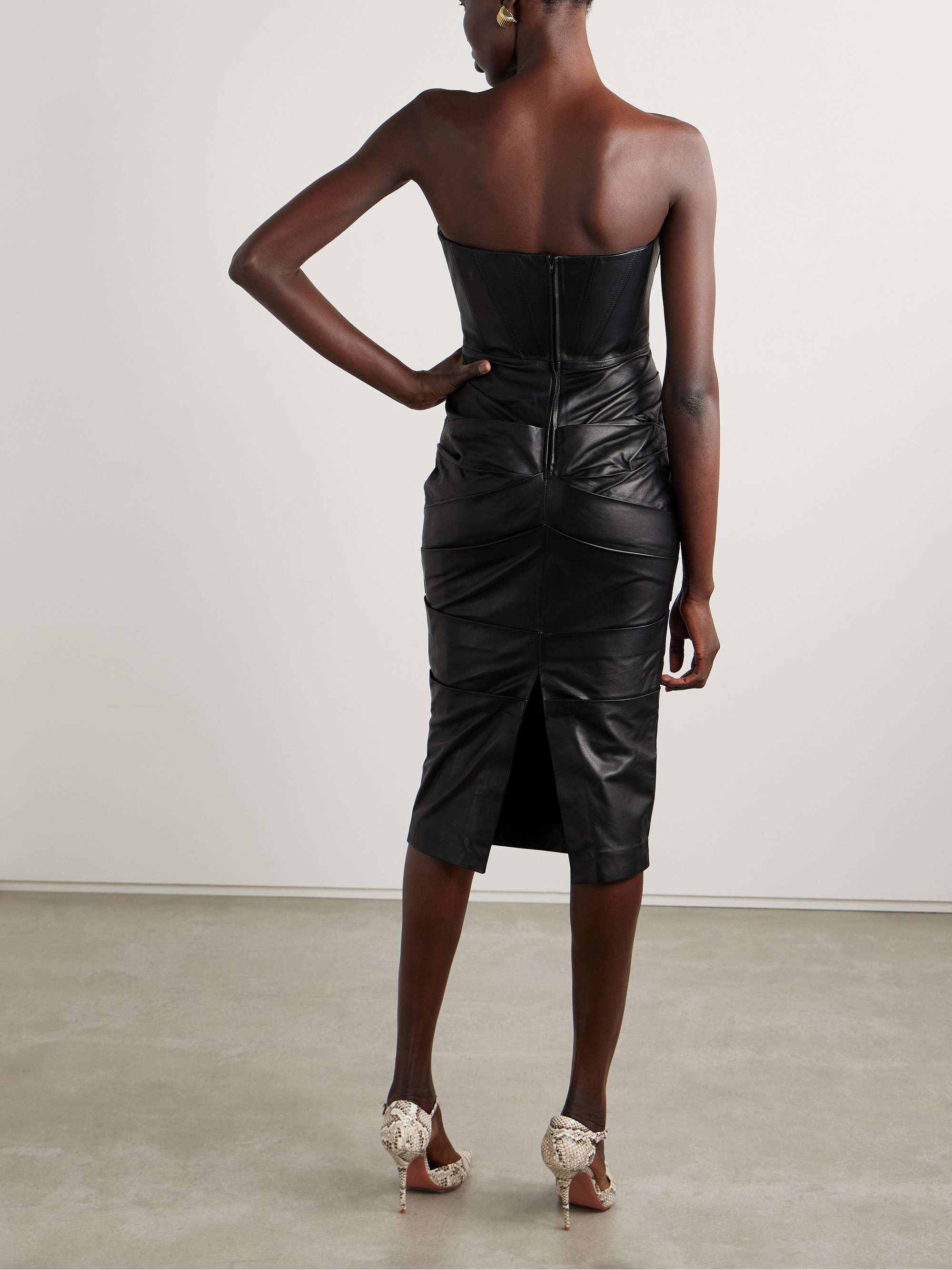 Strapless ruched leather dress view