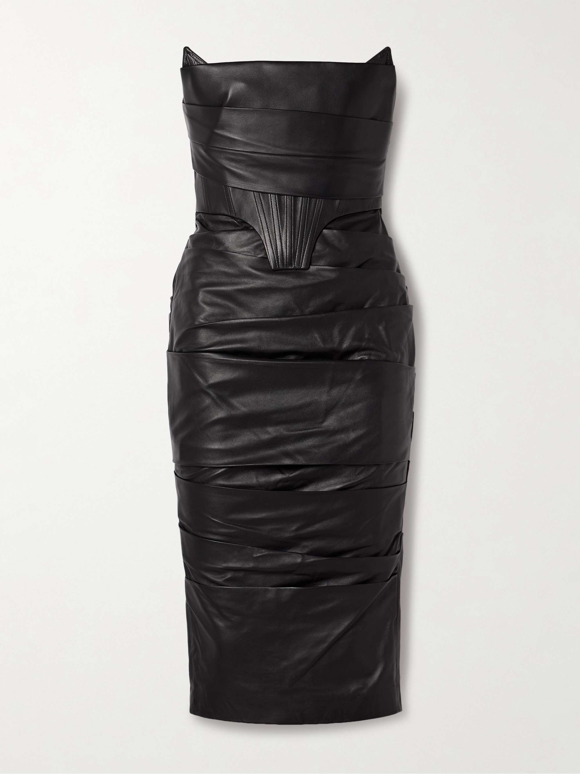 Strapless ruched leather dress view