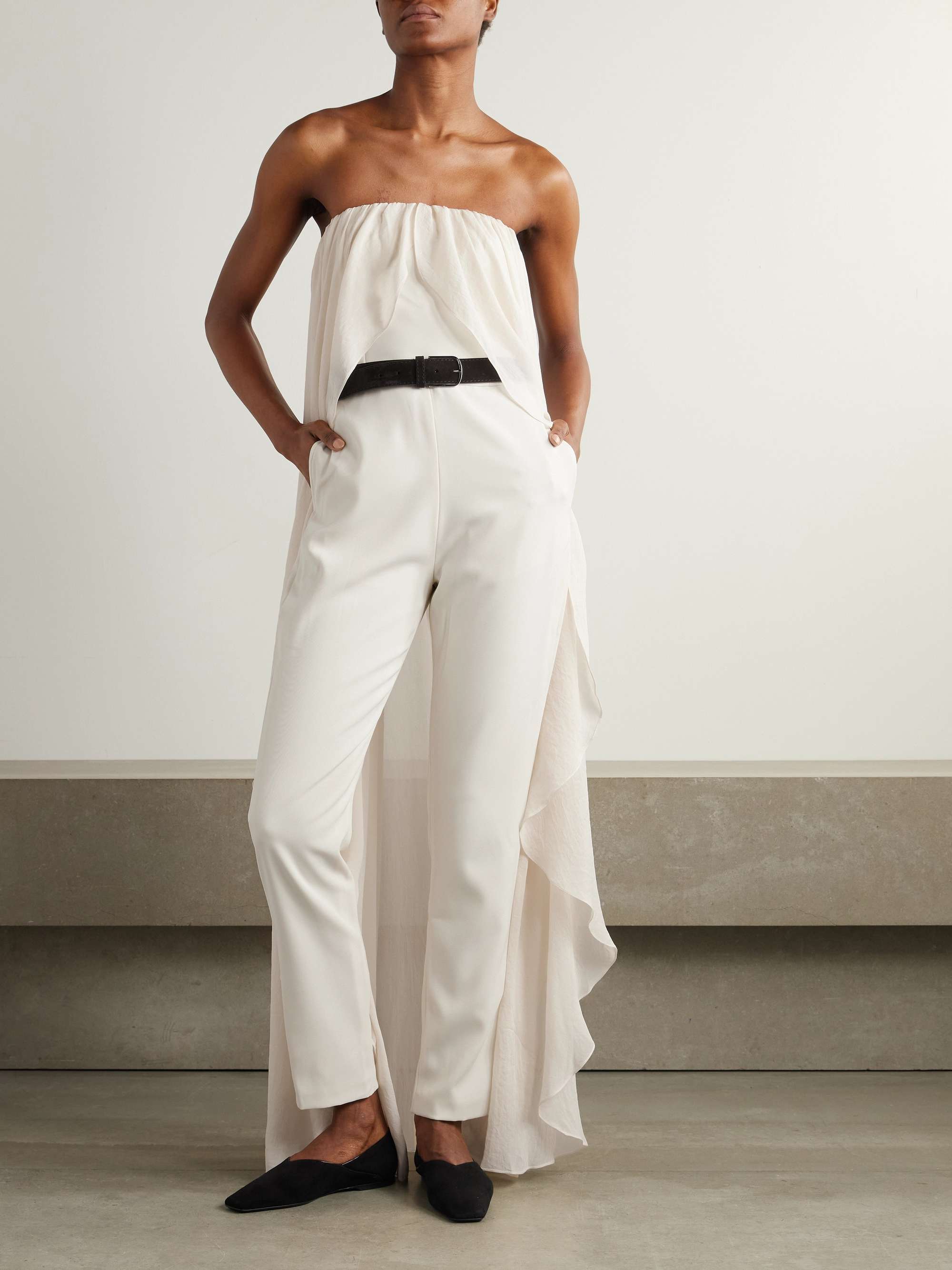 Liya strapless cape-effect chiffon-trimmed poplin jumpsuit view