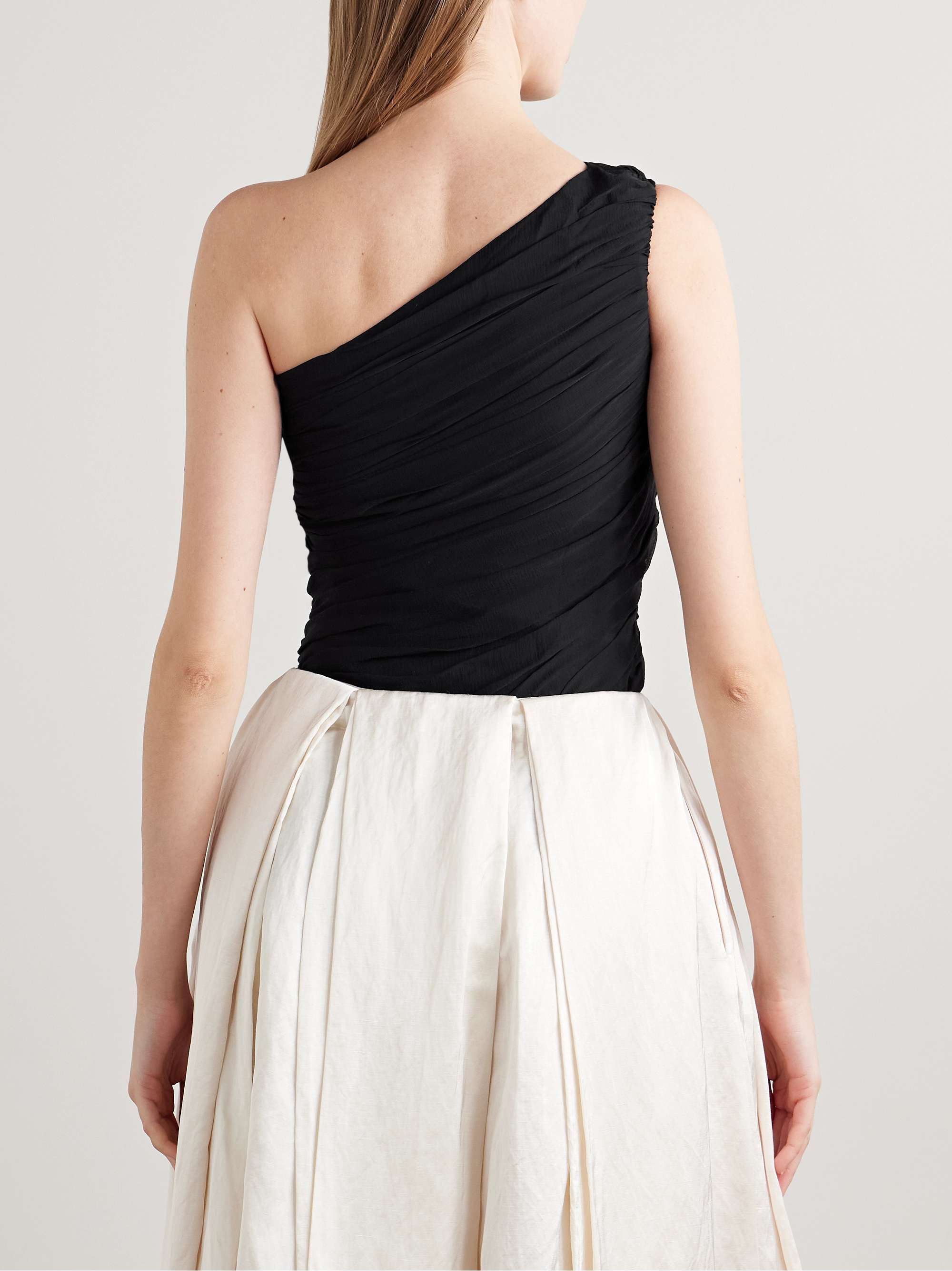 Layal one-shoulder ruched crepe de chine top view