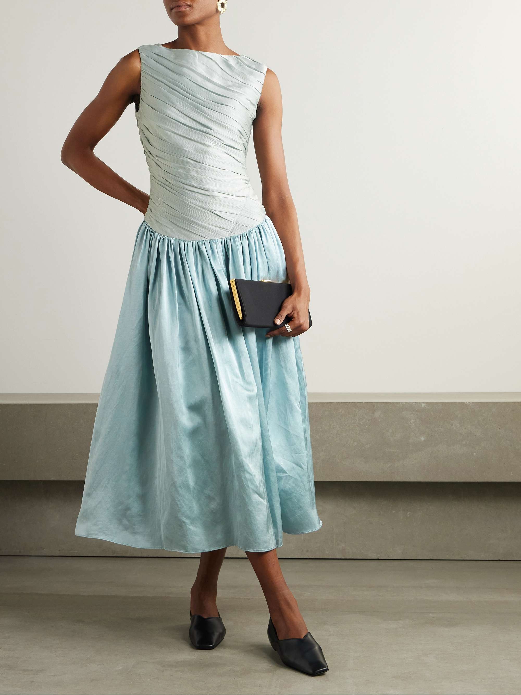 Ora pleated gathered chiffon and dupioni midi dress view