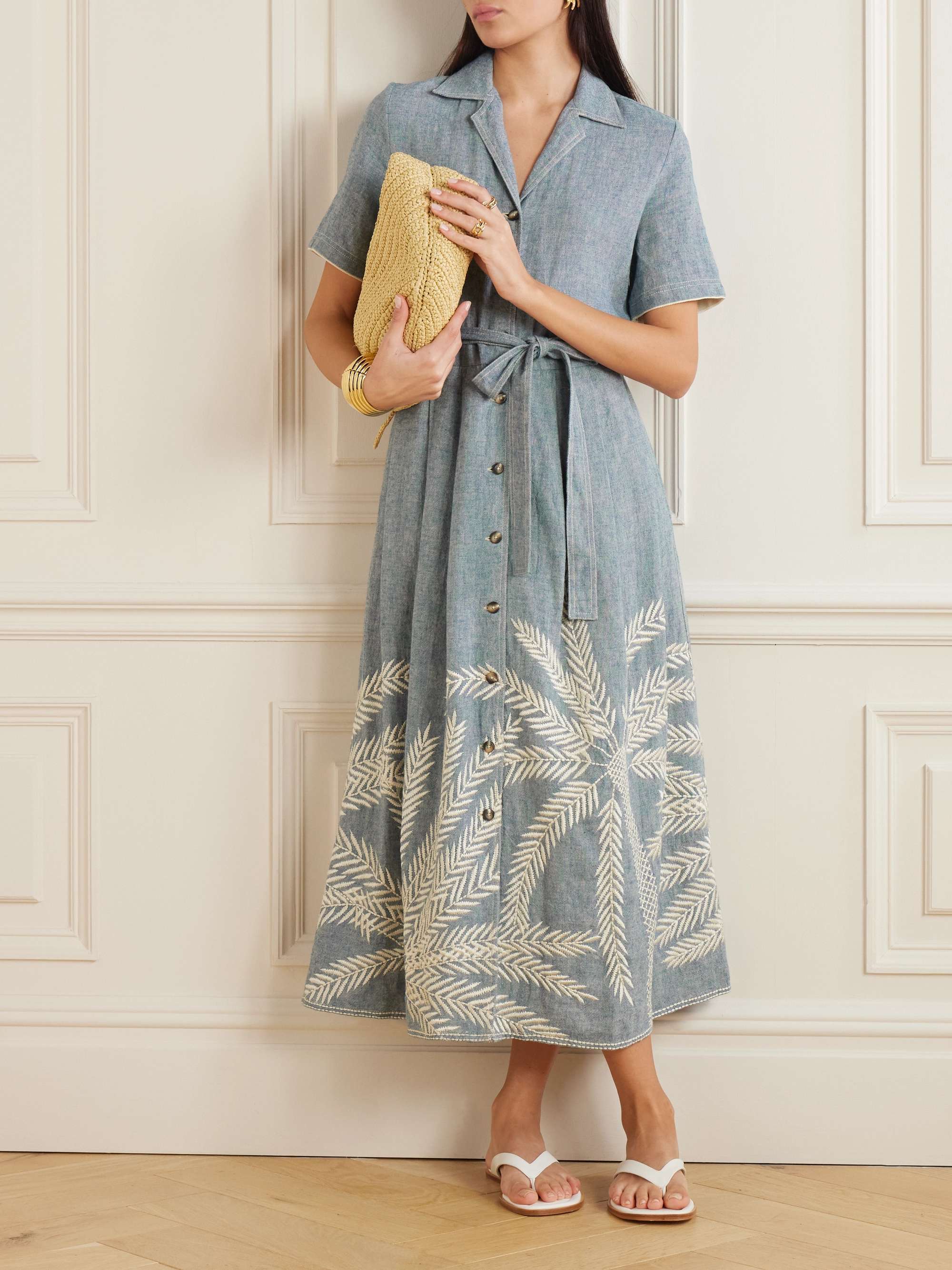 Claudia Palm belted embroidered ramie and linen-blend midi dress view
