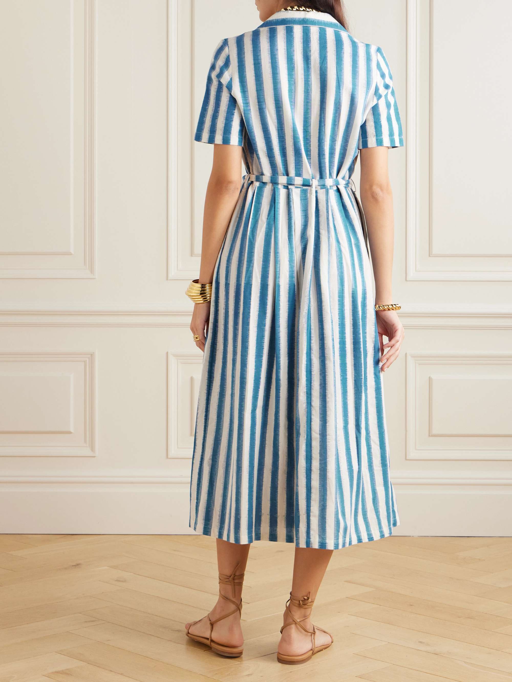 Claudia belted pleated striped cotton midi shirt dress view