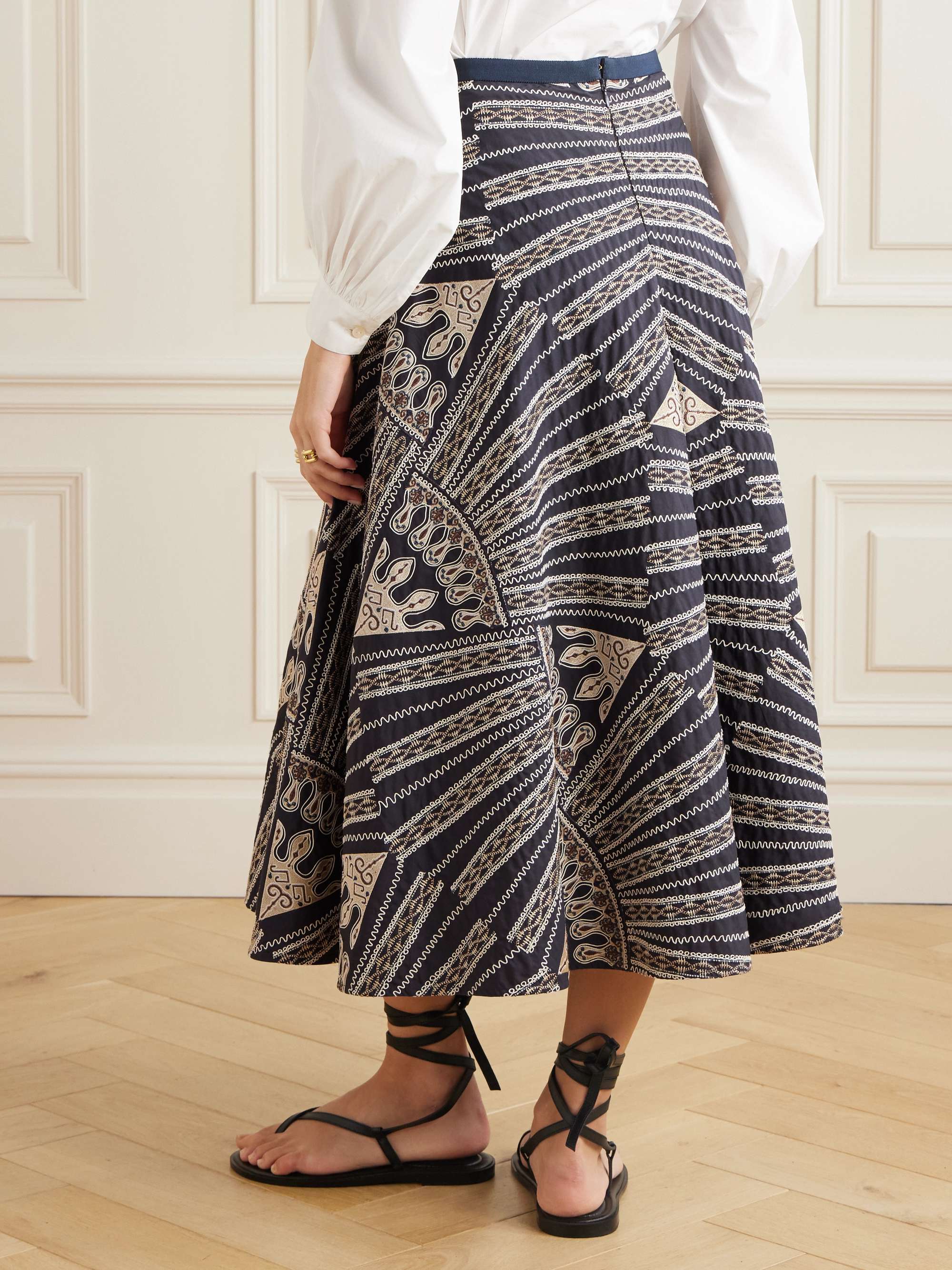 Tasha 2 Calliope paneled embroidered cotton-blend poplin midi skirt view