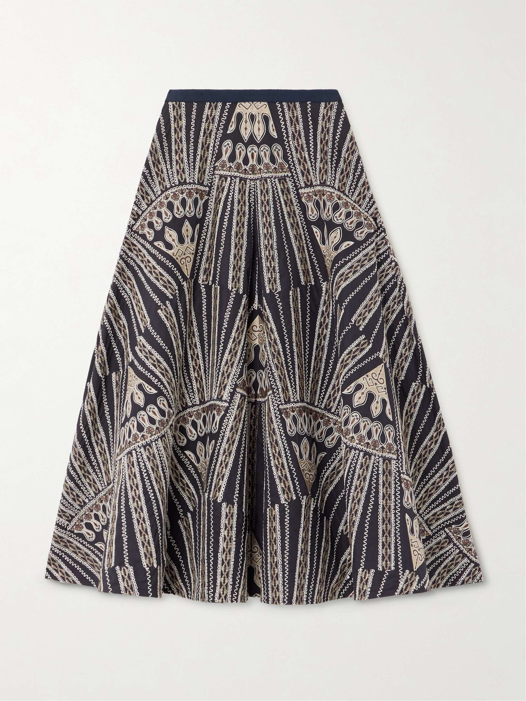 Tasha 2 Calliope paneled embroidered cotton-blend poplin midi skirt view