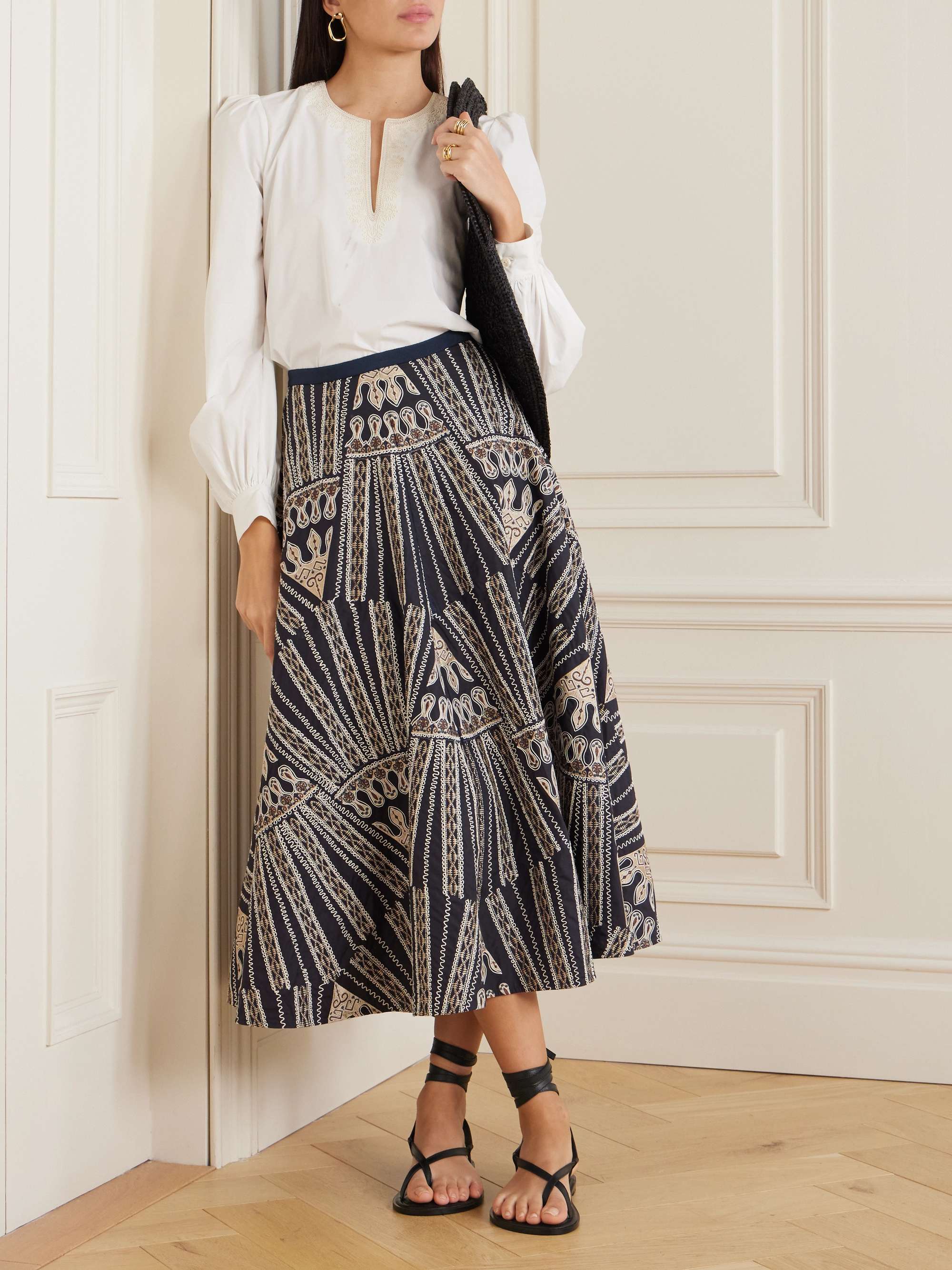 Tasha 2 Calliope paneled embroidered cotton-blend poplin midi skirt view