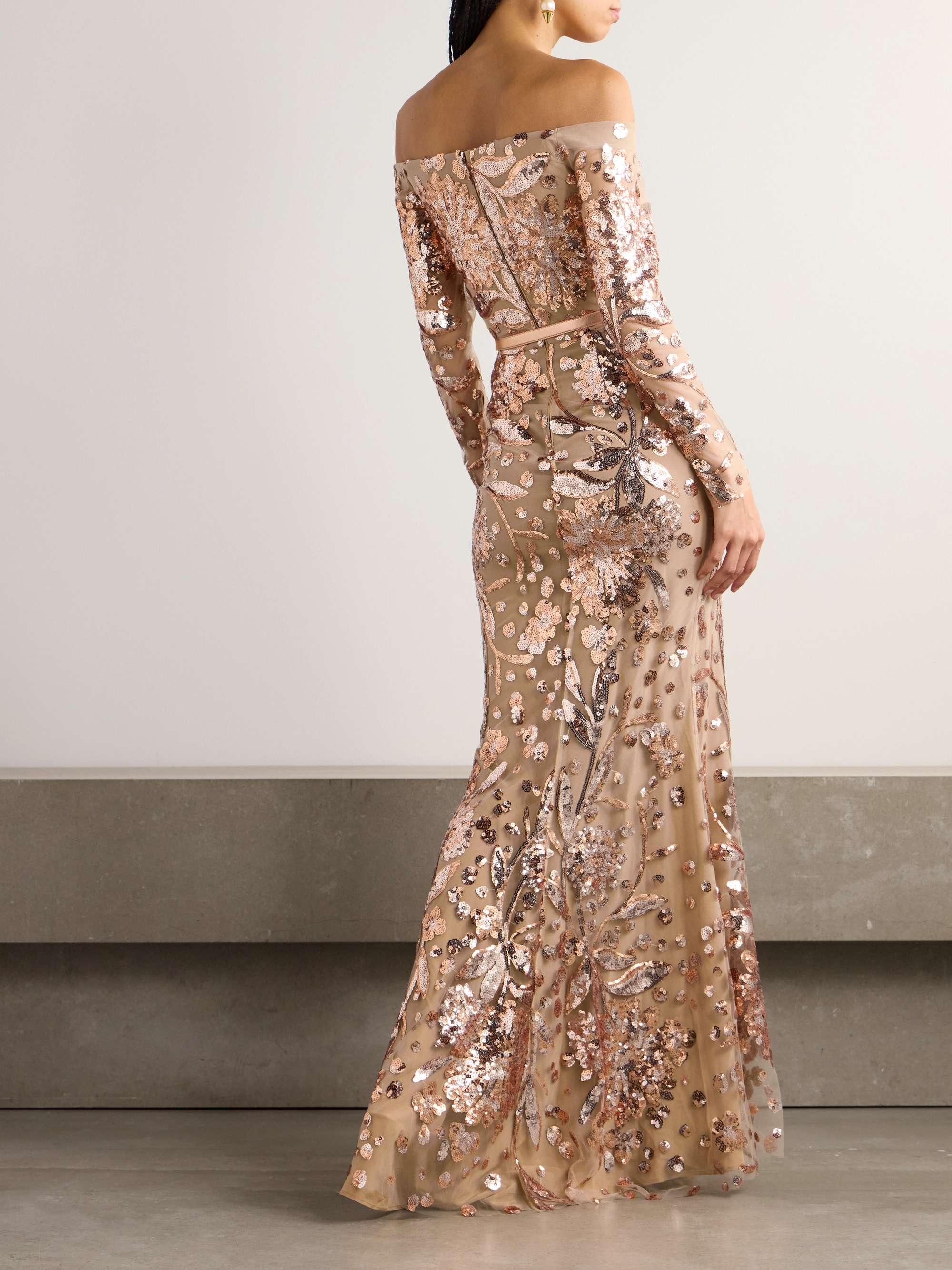 Belted off-the-shoulder sequin-embellished silk-blend tulle gown view