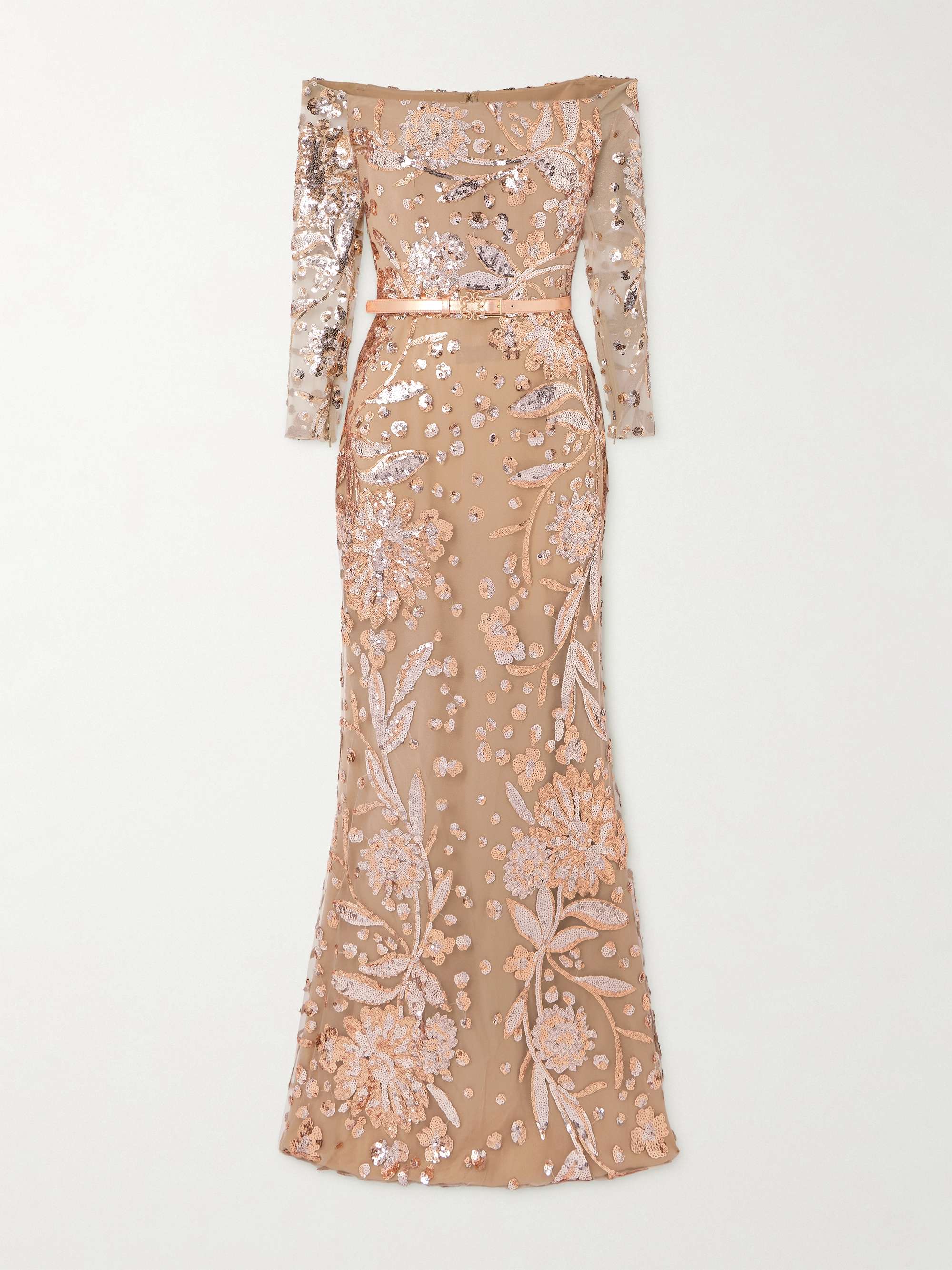 Belted off-the-shoulder sequin-embellished silk-blend tulle gown view