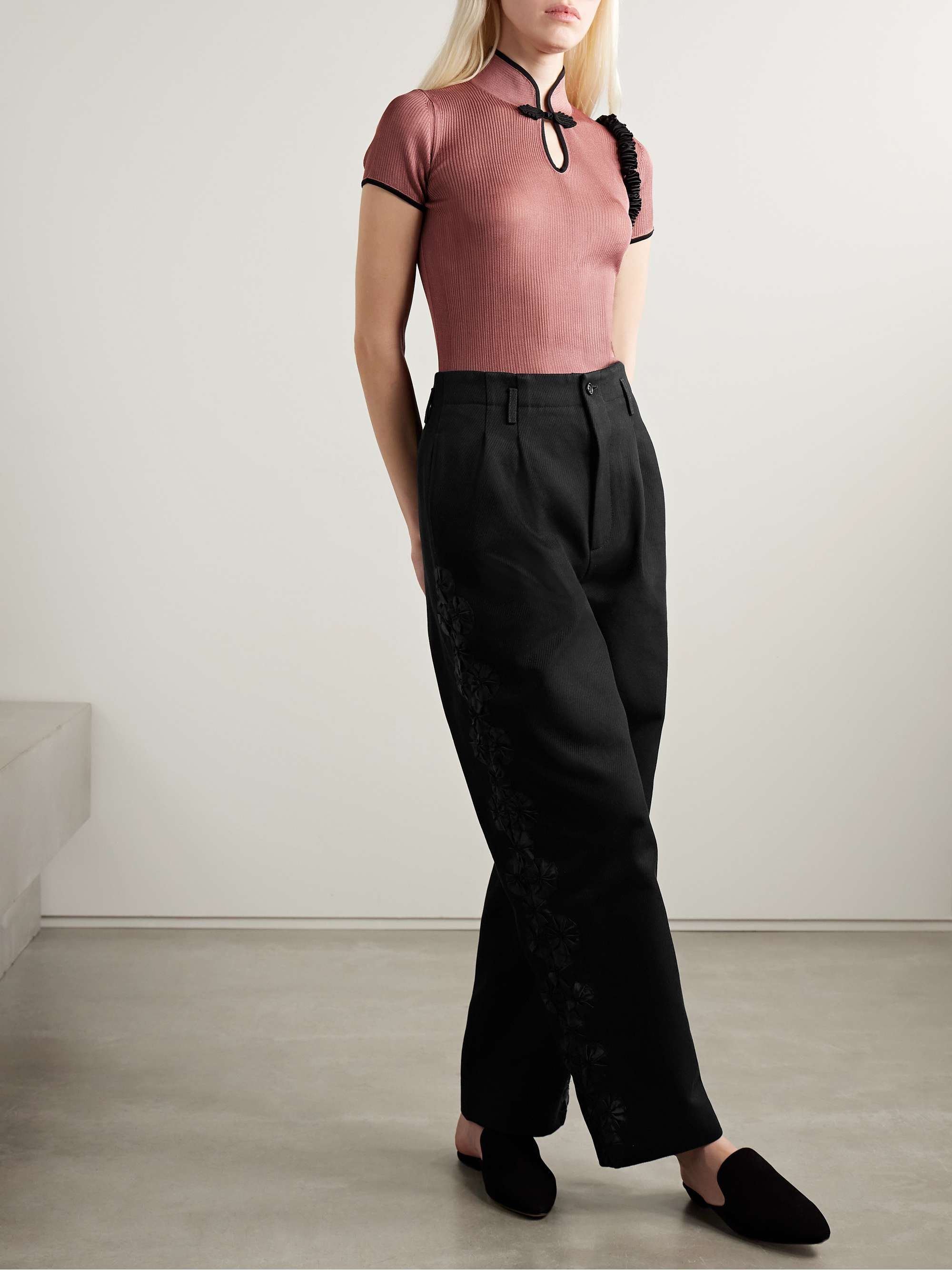 Ribbon Garland satin-trimmed pleated cotton-twill wide-leg pants view