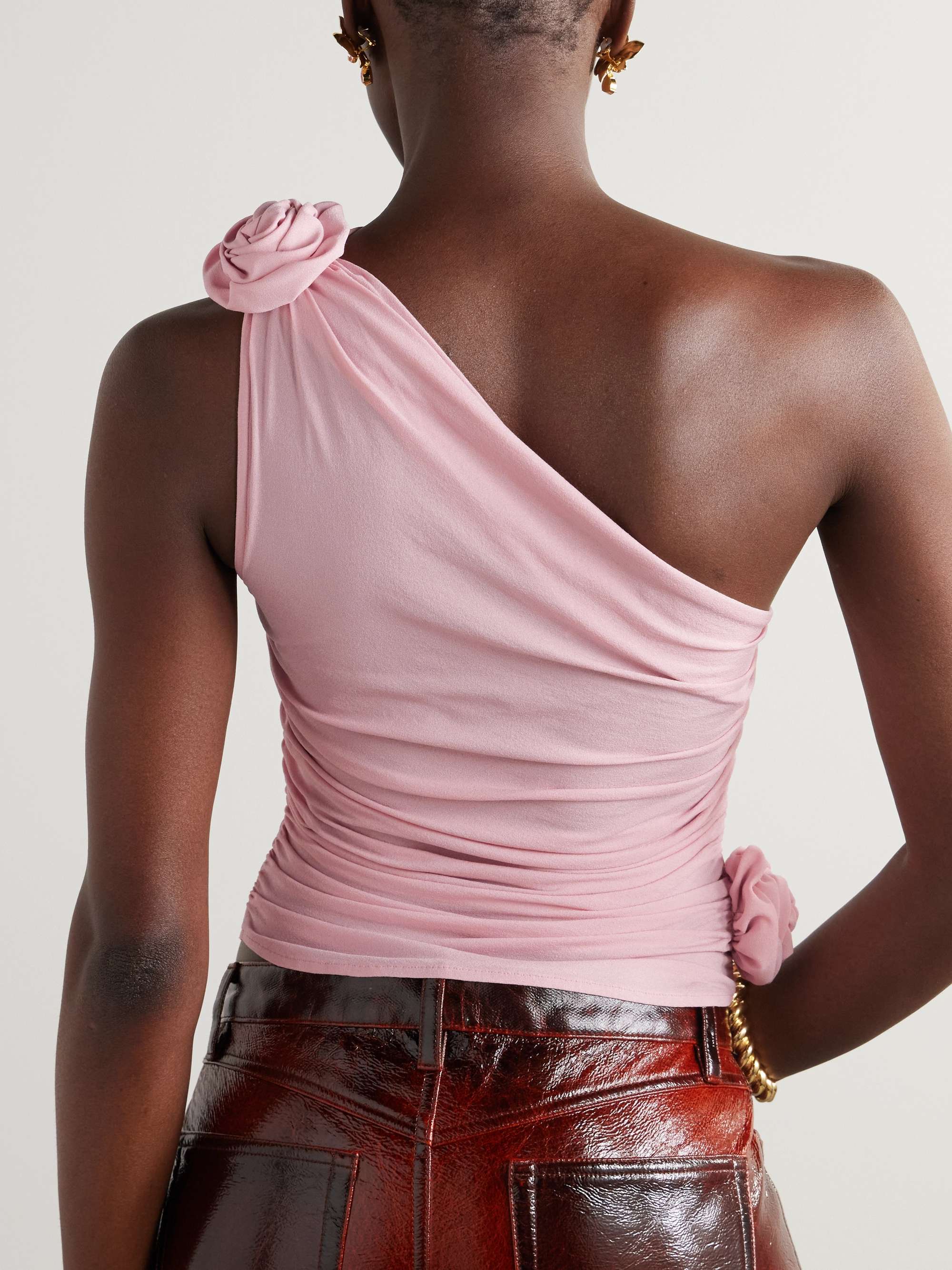 One-shoulder appliquéd ruched stretch-silk top view