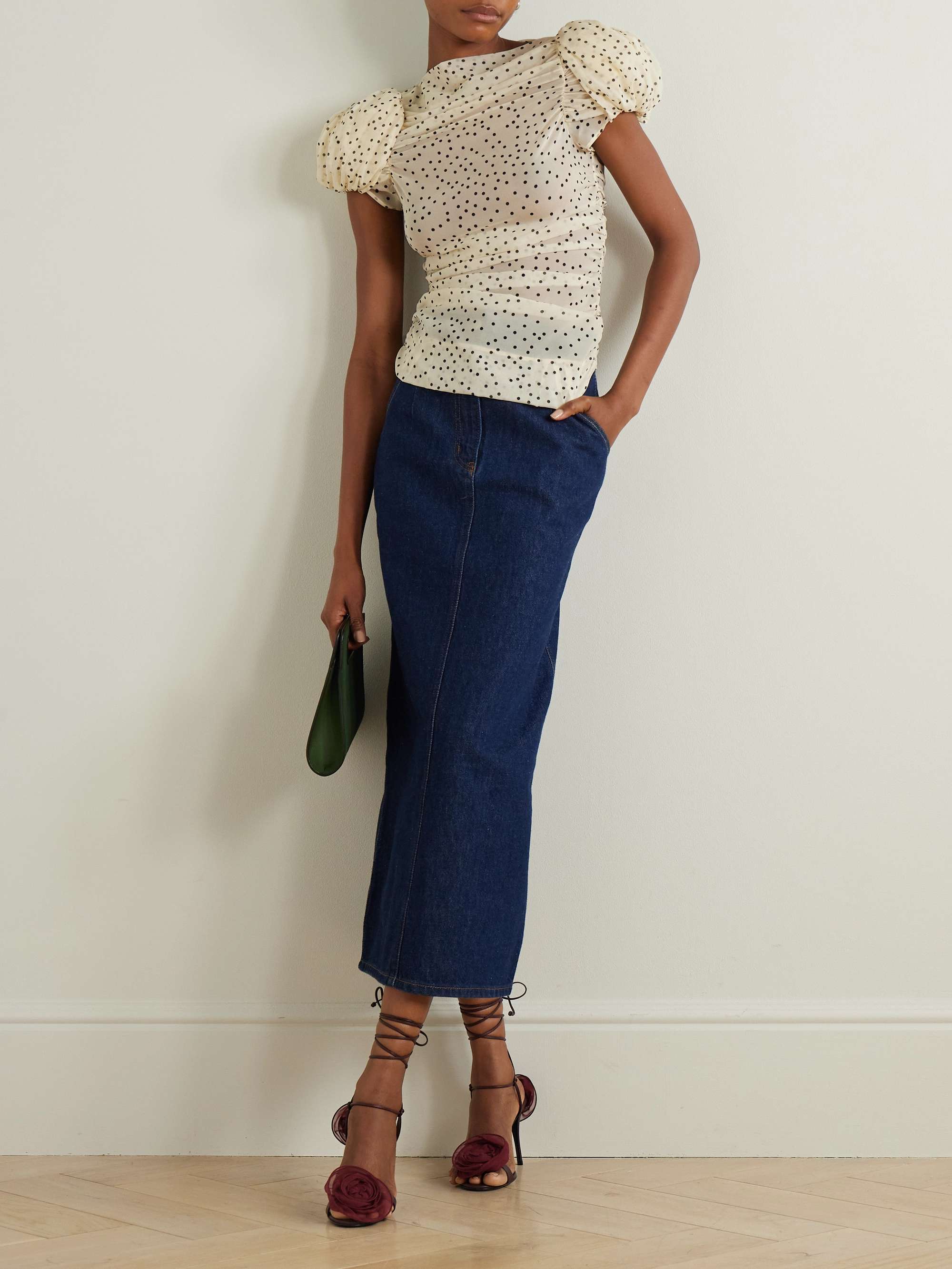 Ruched polka-dot print stretch-silk chiffon top view