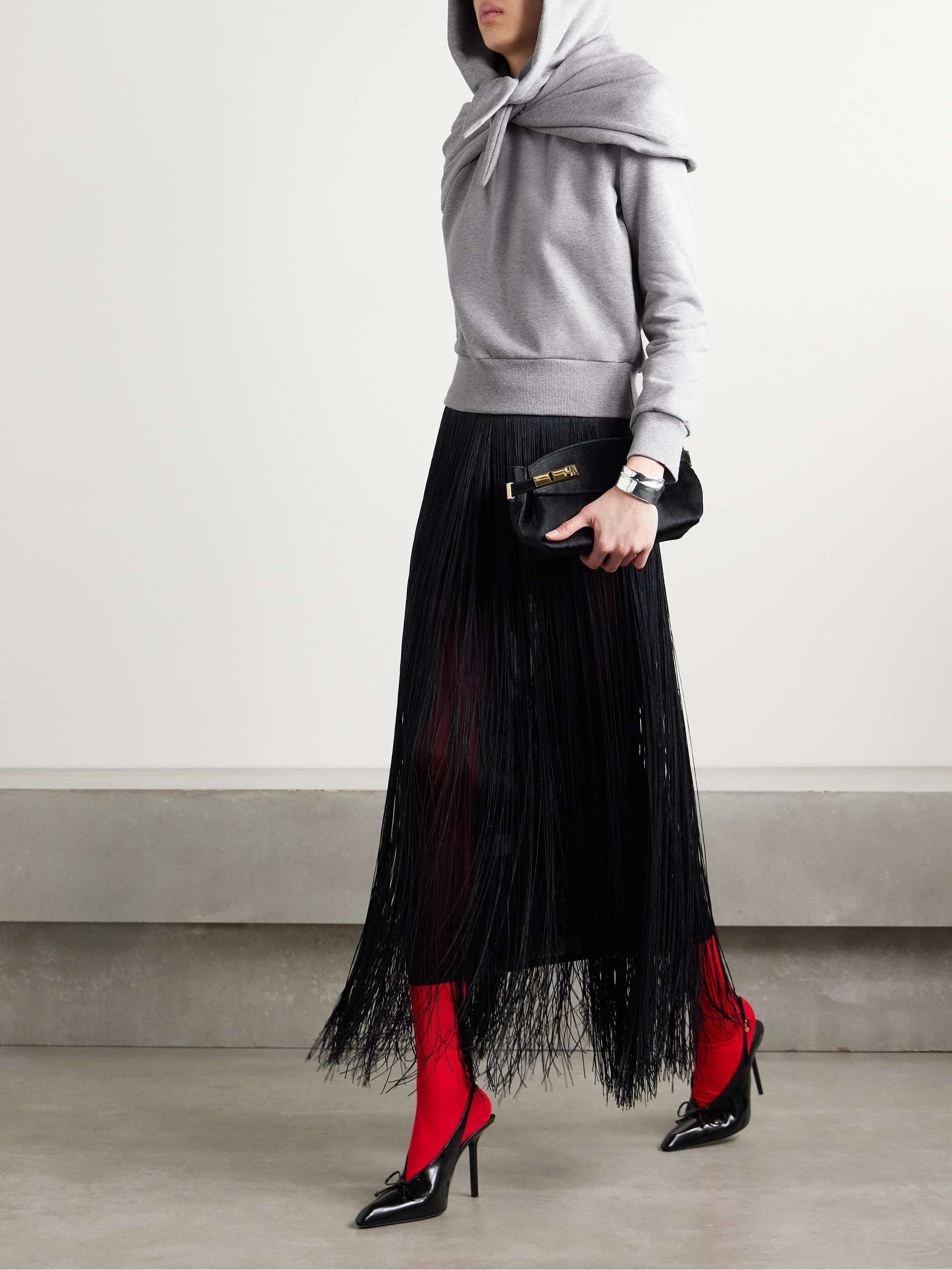 Tie-detailed draped cotton-blend jersey hoodie view