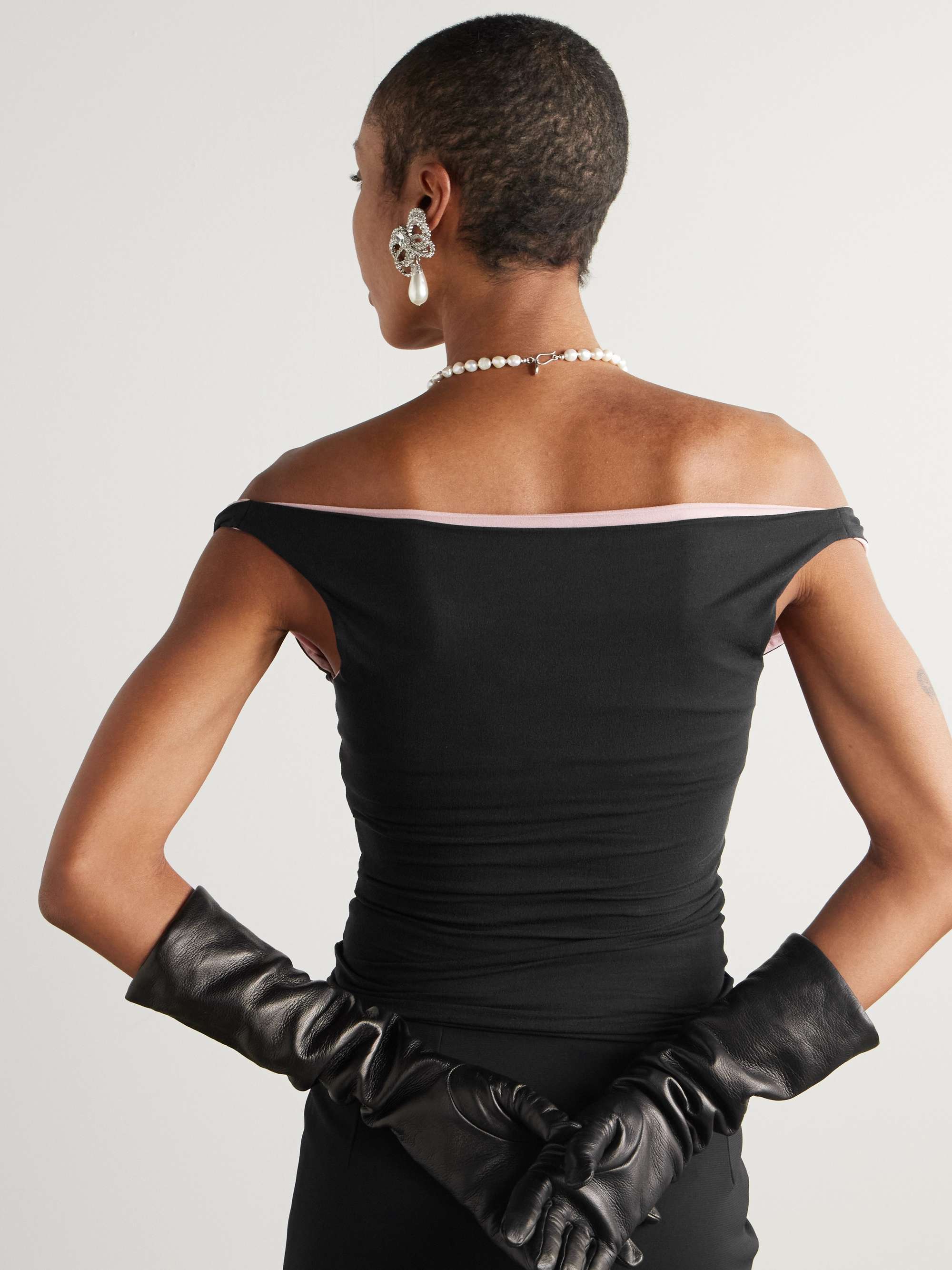 Off-the-shoulder layered silk-blend top view