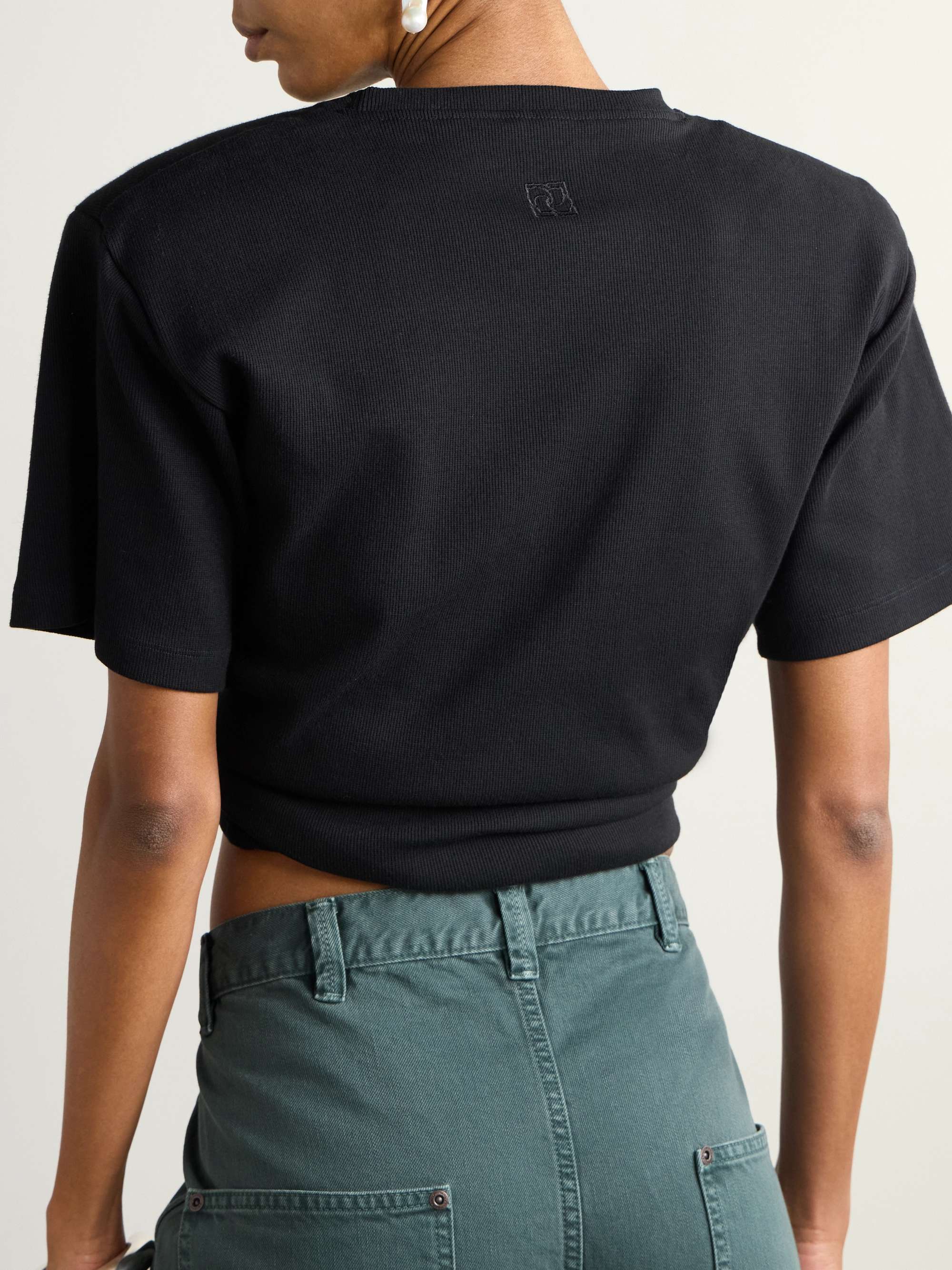 Twist-front ribbed cotton-blend jersey T-shirt view