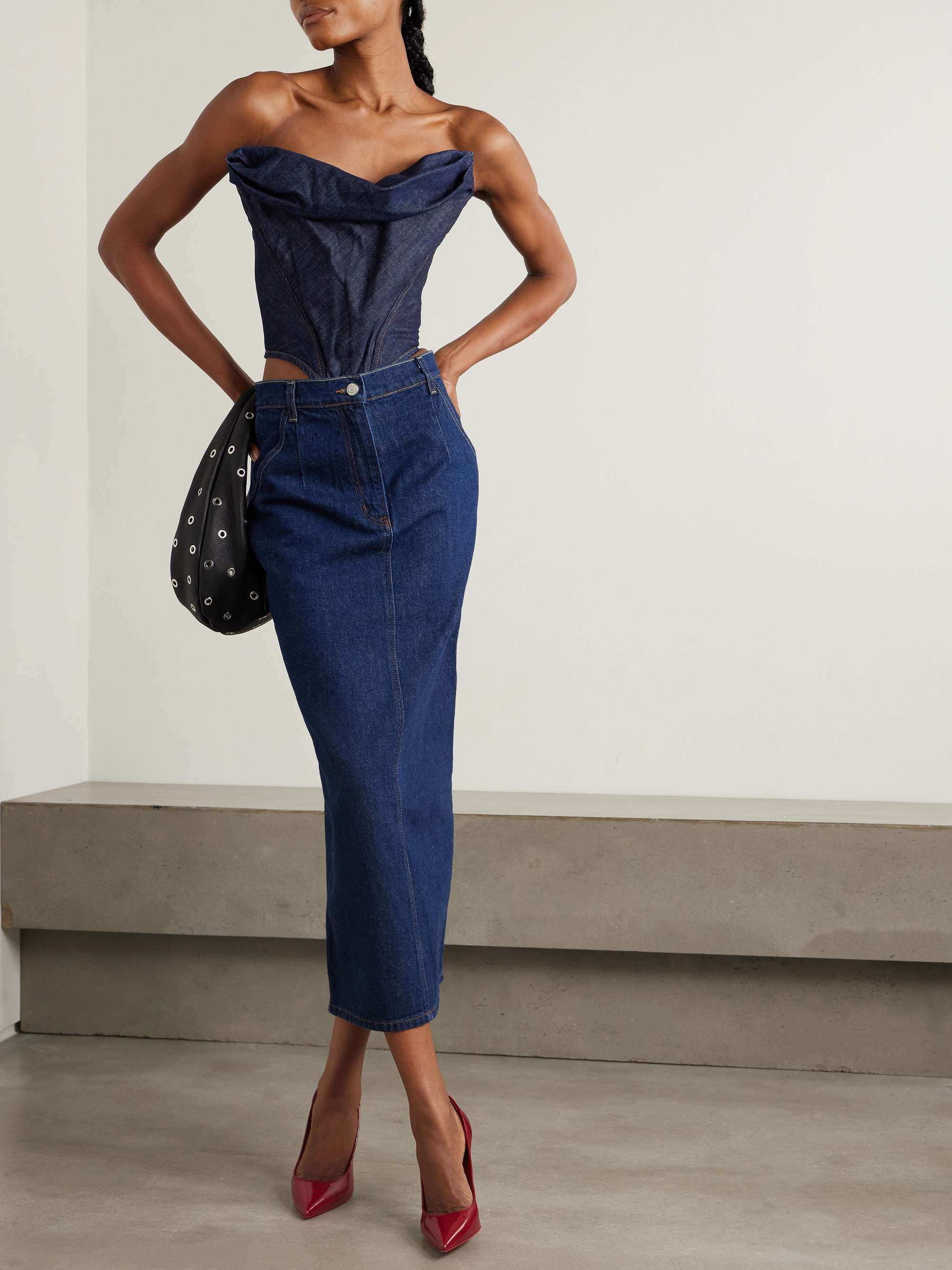 Strapless cropped denim bustier top view