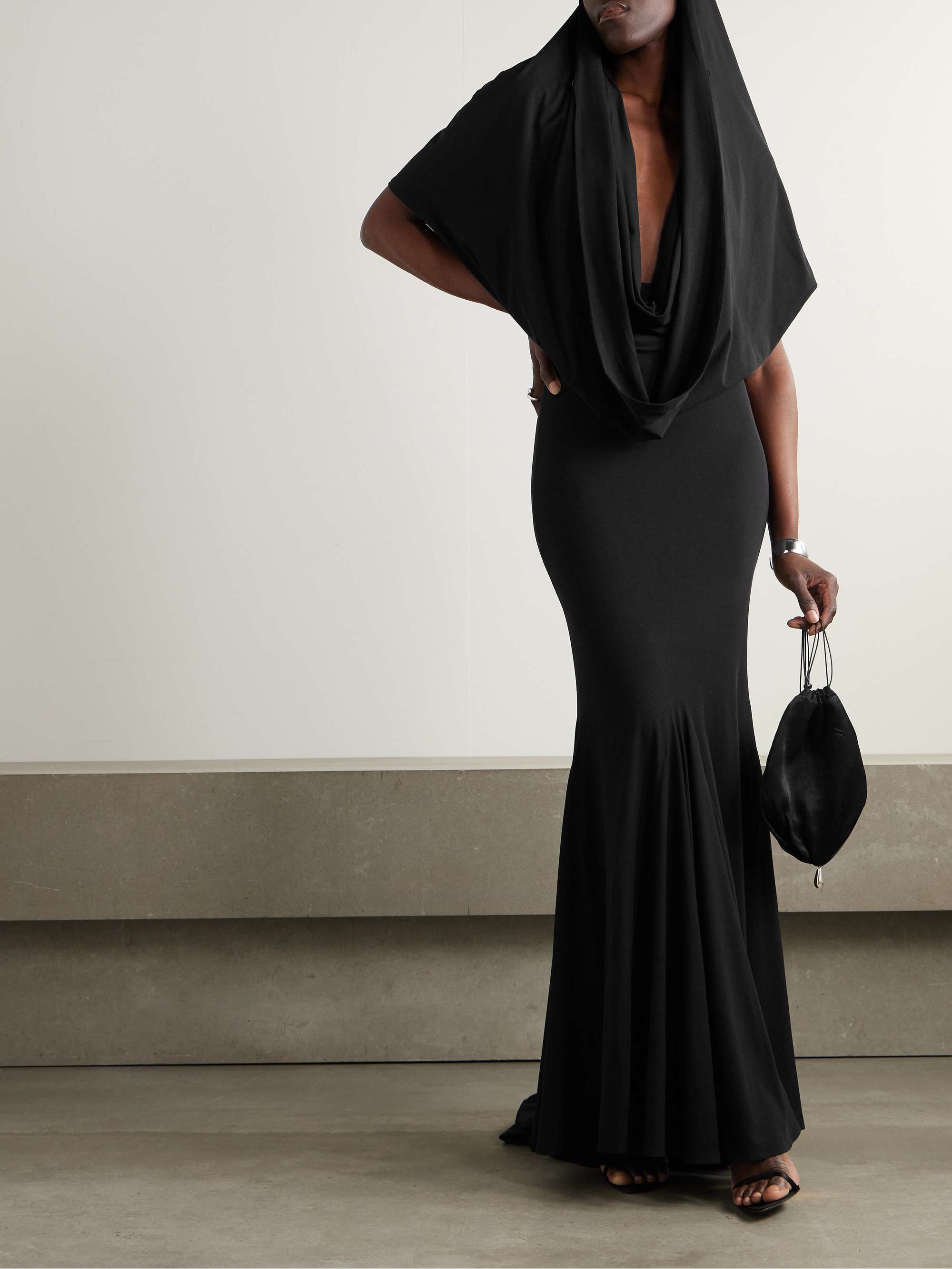 Hooded draped stretch-silk gown view
