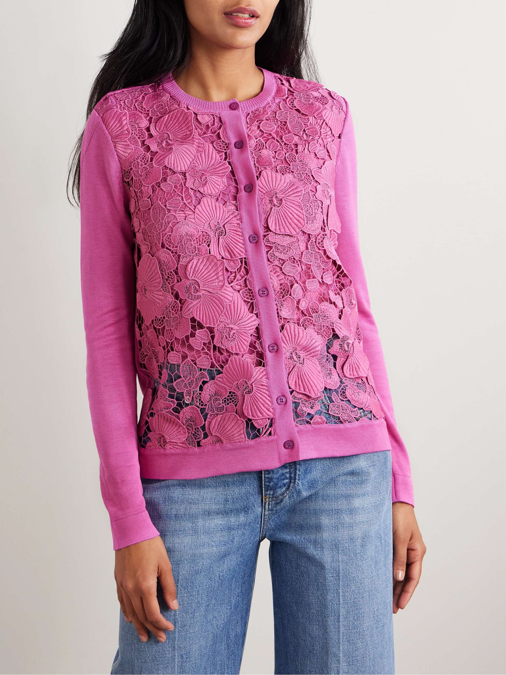Guipure lace-paneled silk-blend cardigan view