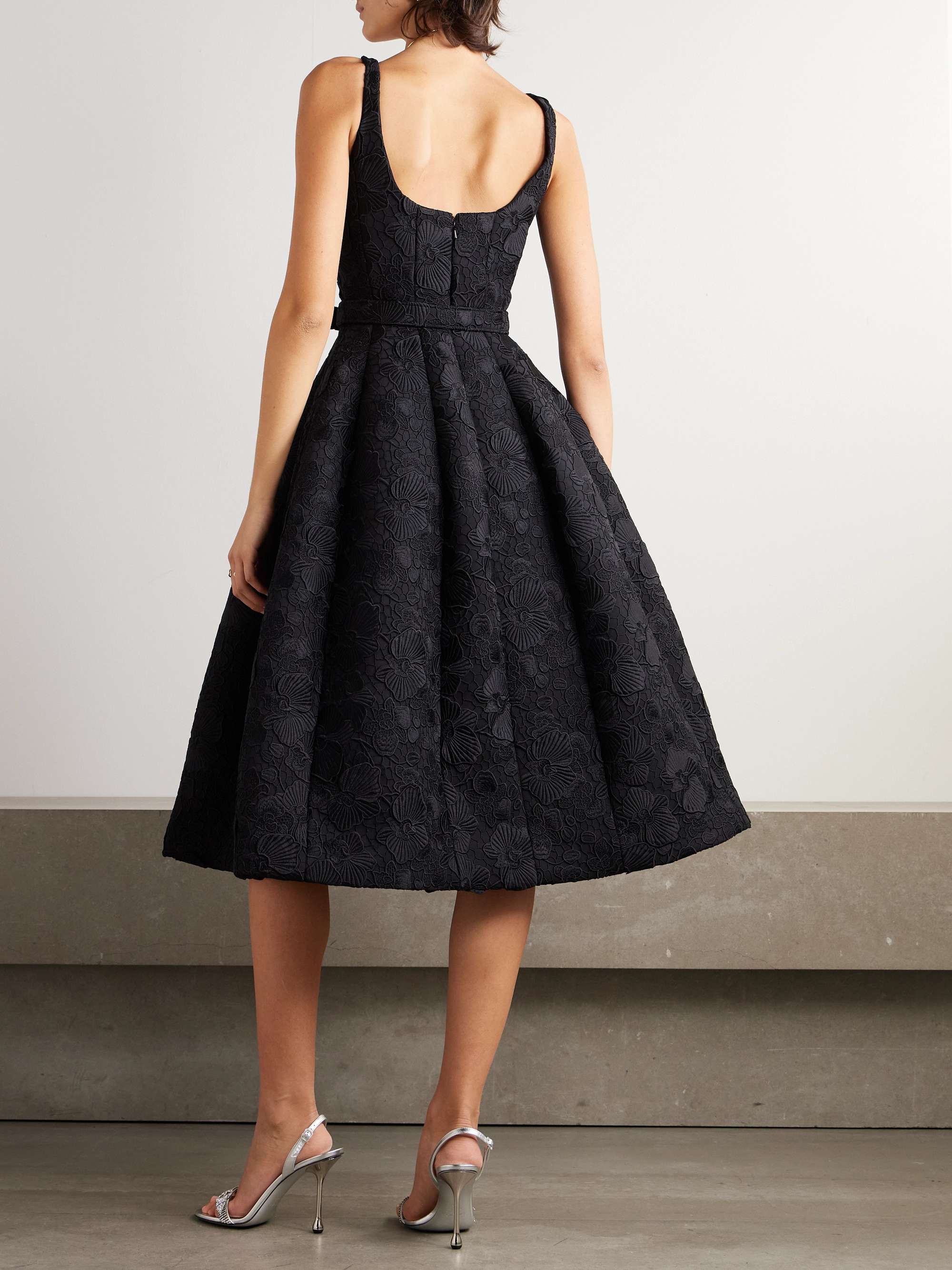 Belted appliquéd guipure lace and silk-blend crepe midi dress view