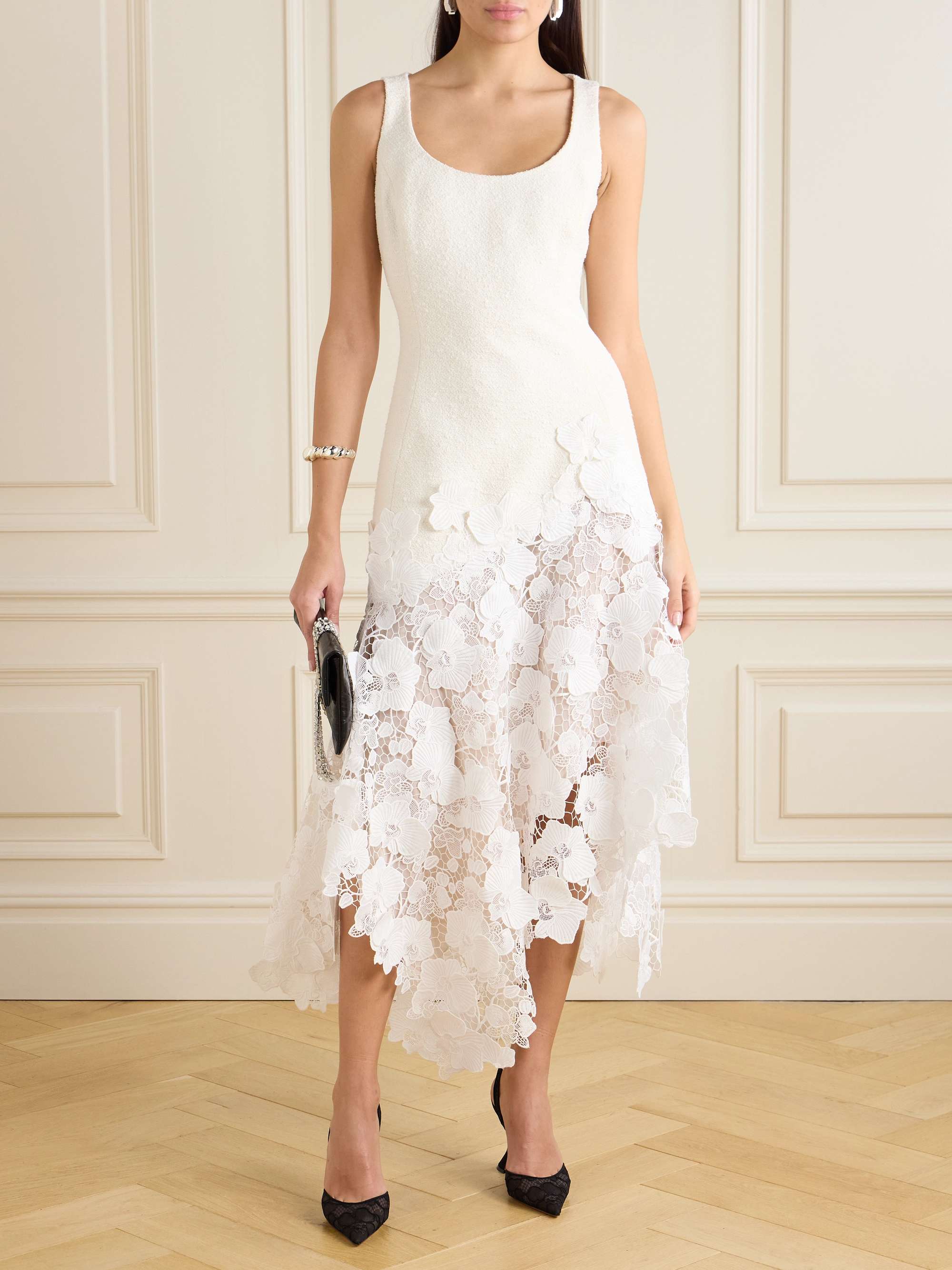 Asymmetric cotton and wool-blend bouclé and guipure lace dress view