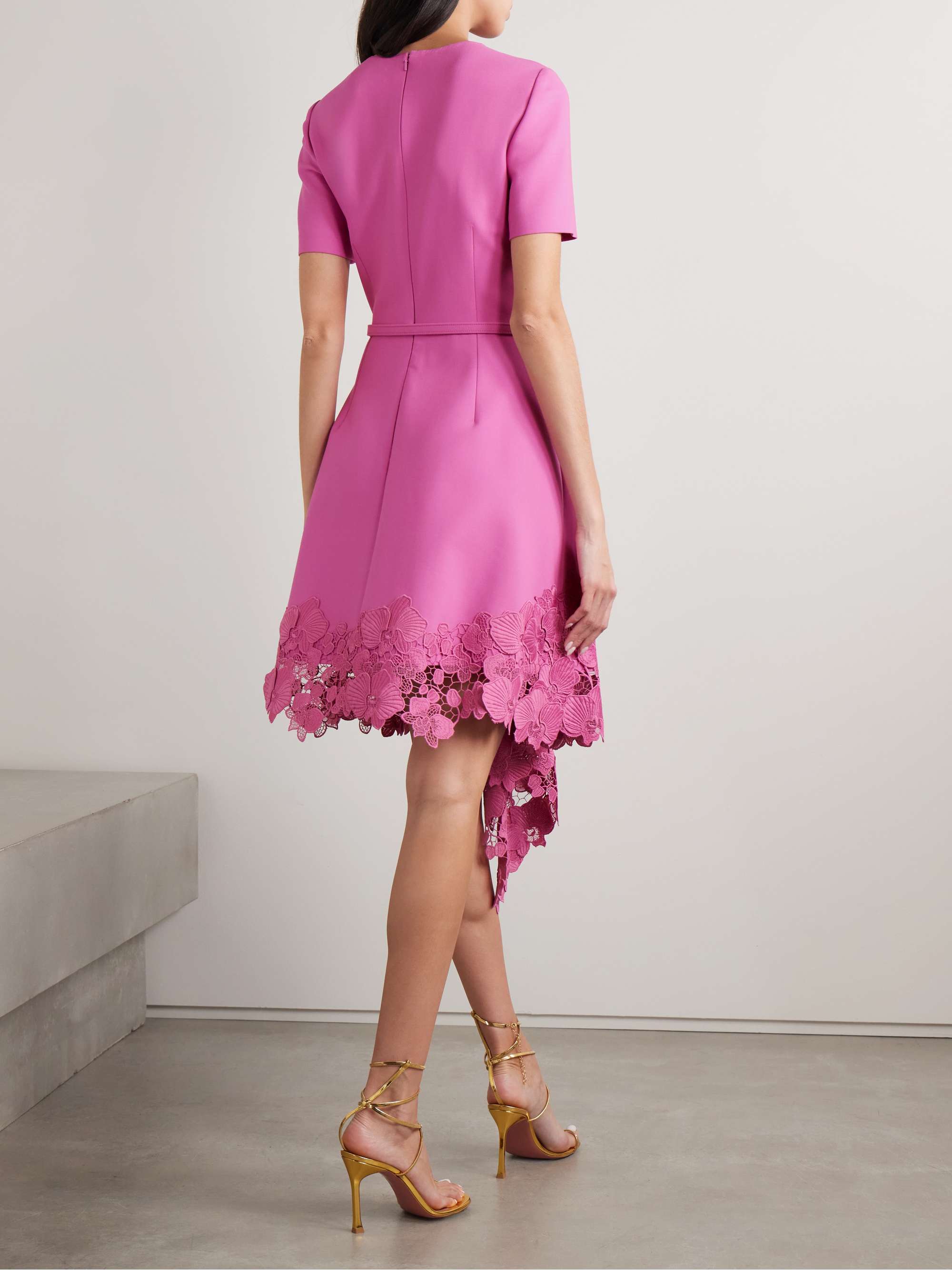 Belted asymmetric guipure lace-trimmed wool-blend dress view