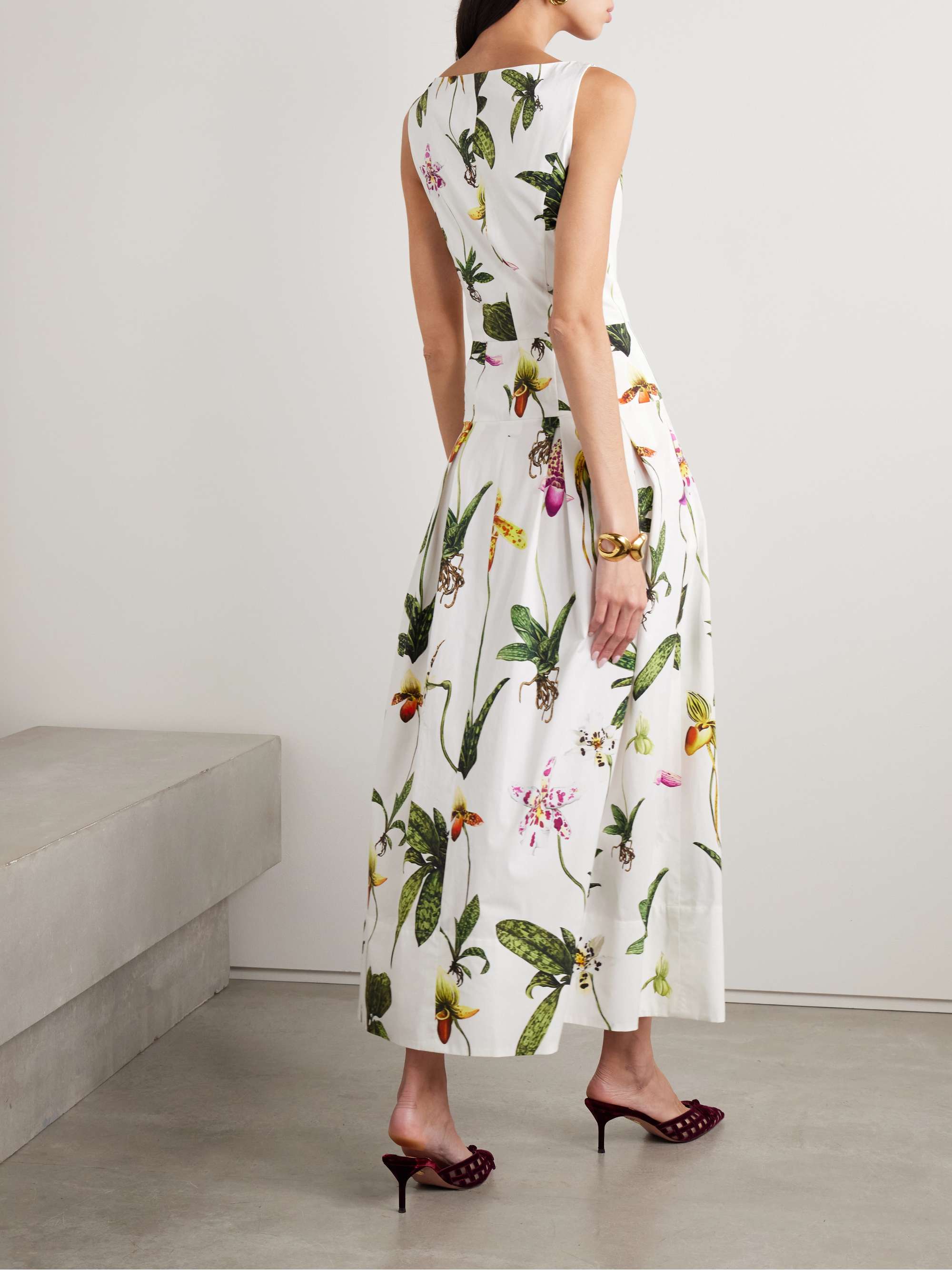 Pleated floral-print cotton-blend poplin midi dress view