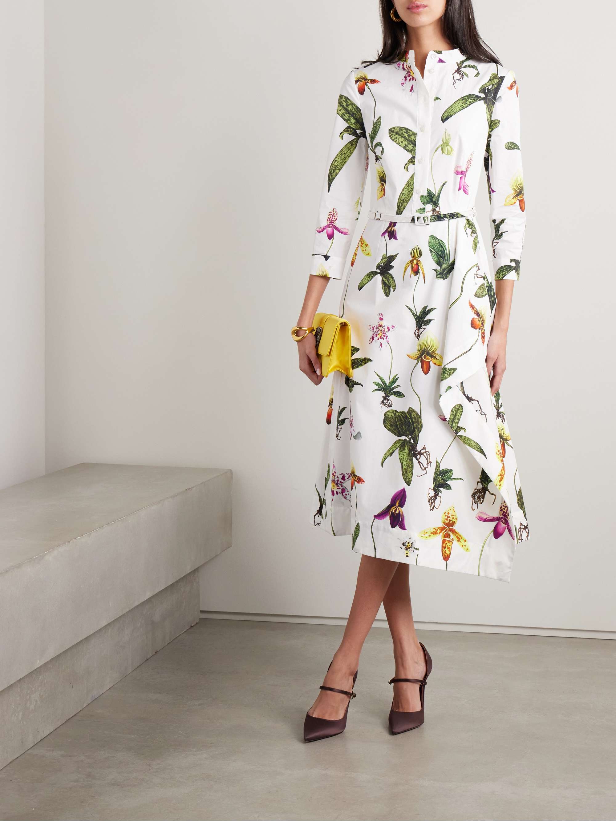 Belted pleated floral-print cotton-blend poplin midi shirt dress view