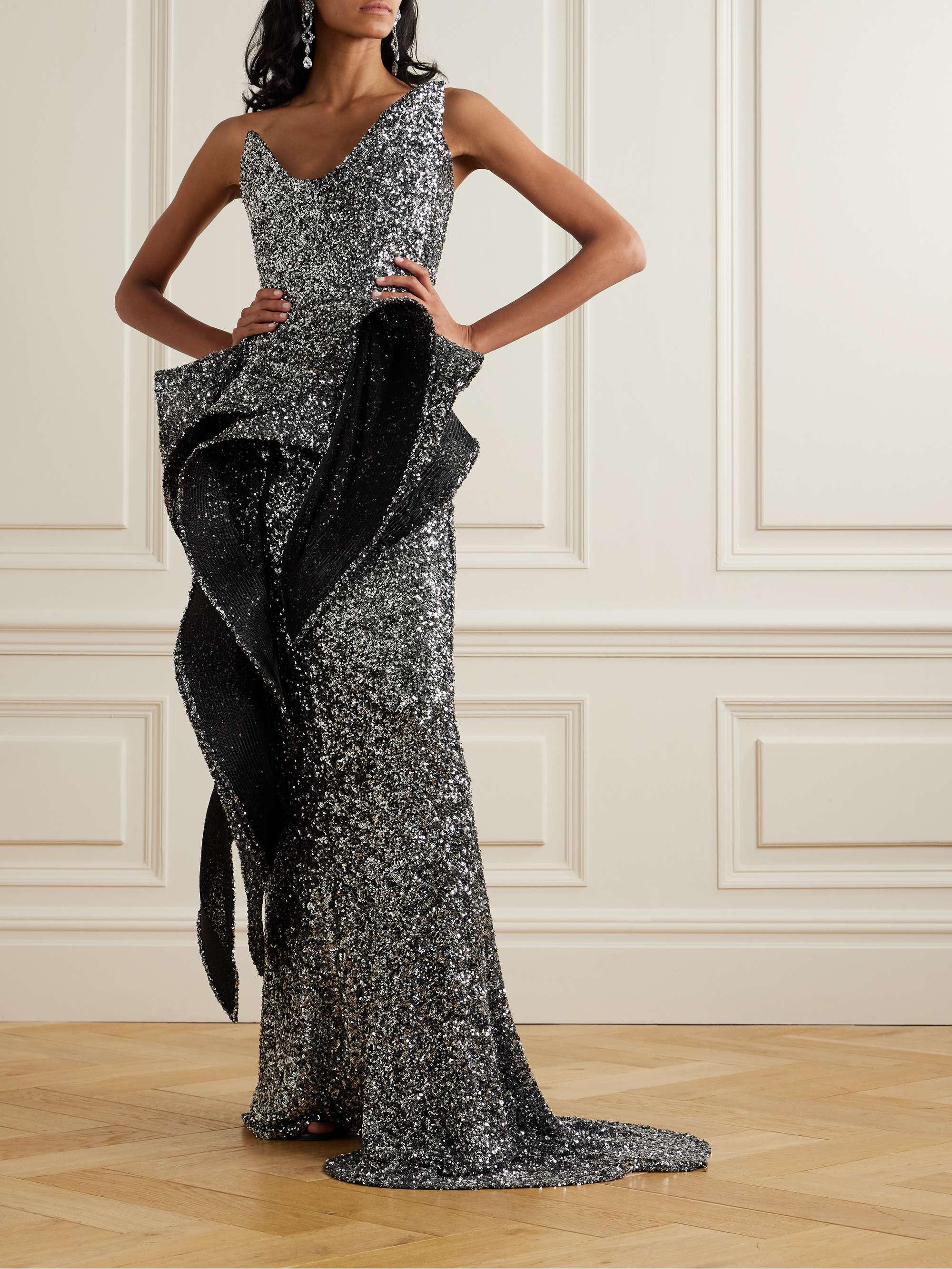 Indiscreet Wave strapless asymmetric ruffled sequined tulle top view