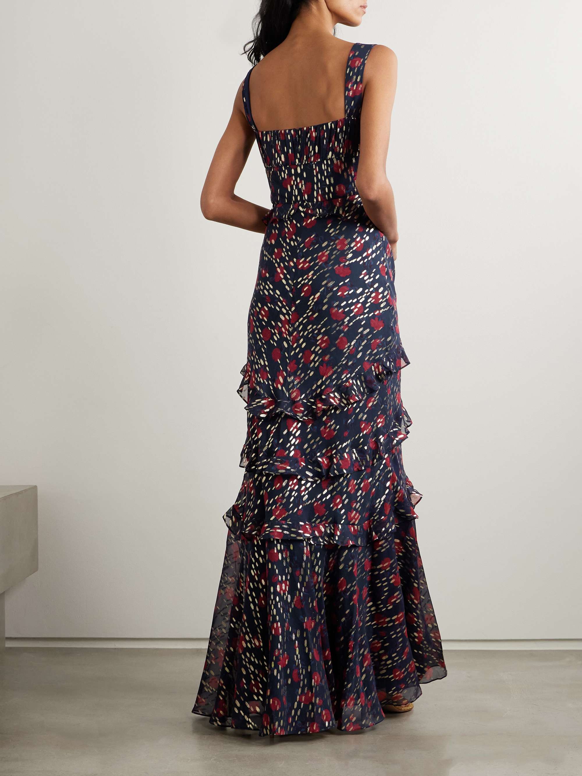 Chandra ruffled ruched metallic fil coupé silk-blend maxi dress view