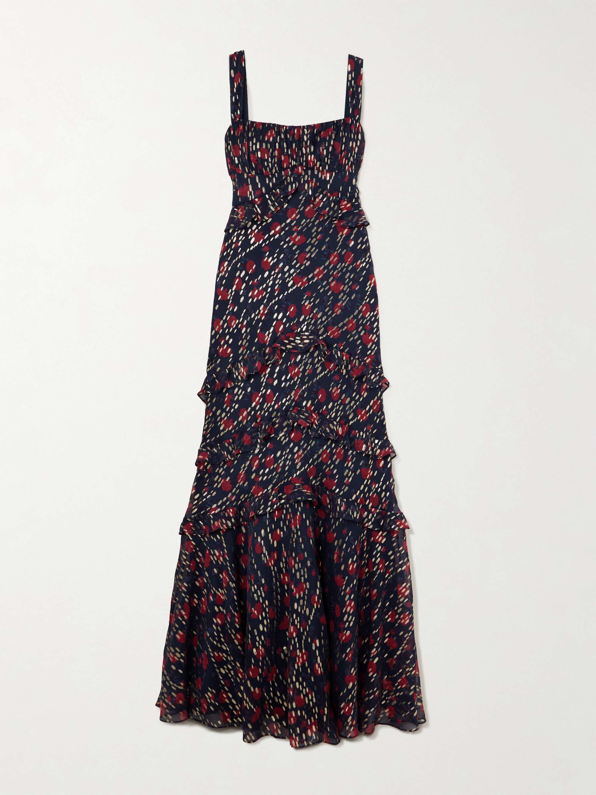 Chandra ruffled ruched metallic fil coupé silk-blend maxi dress view