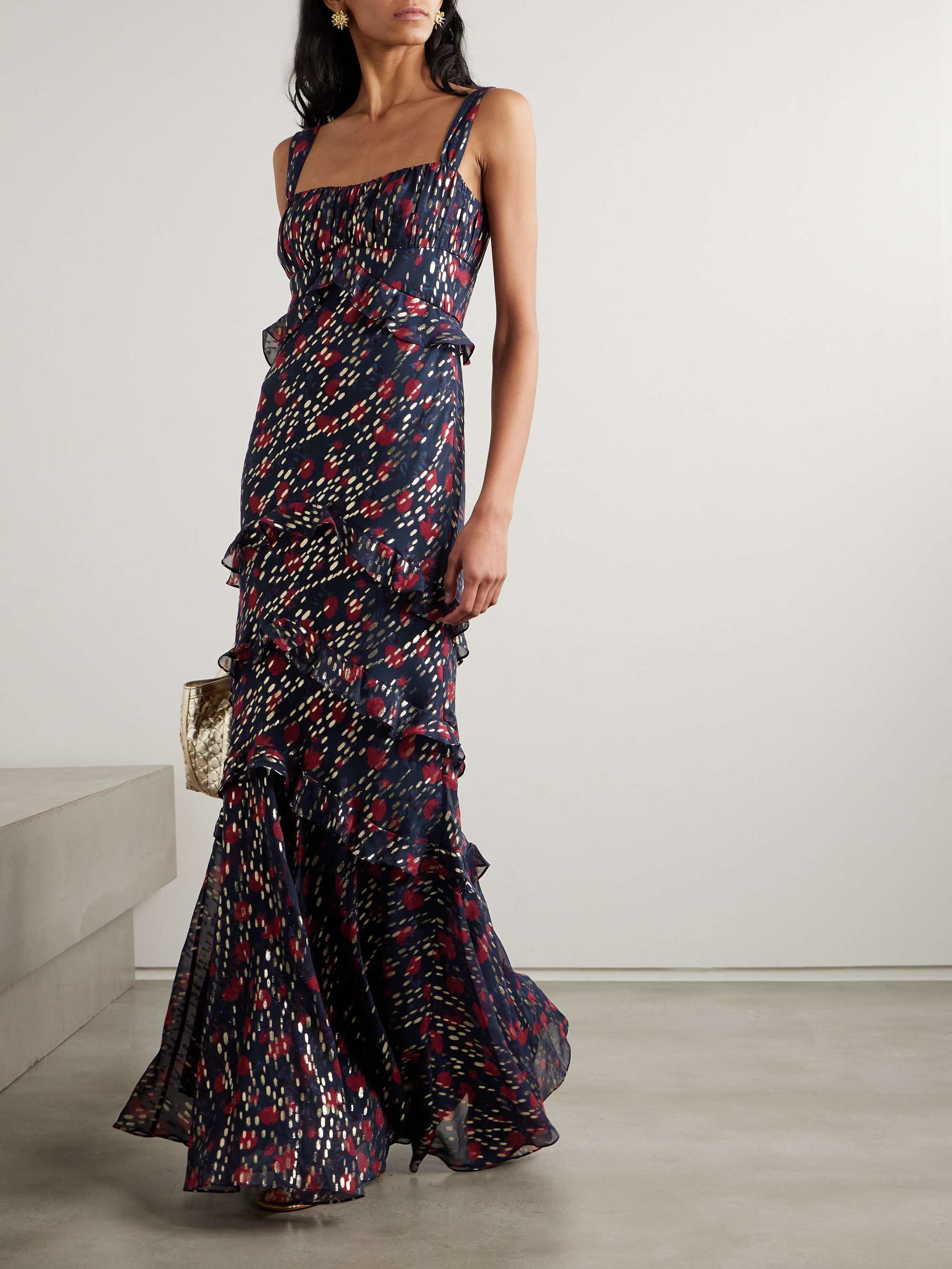 Chandra ruffled ruched metallic fil coupé silk-blend maxi dress view
