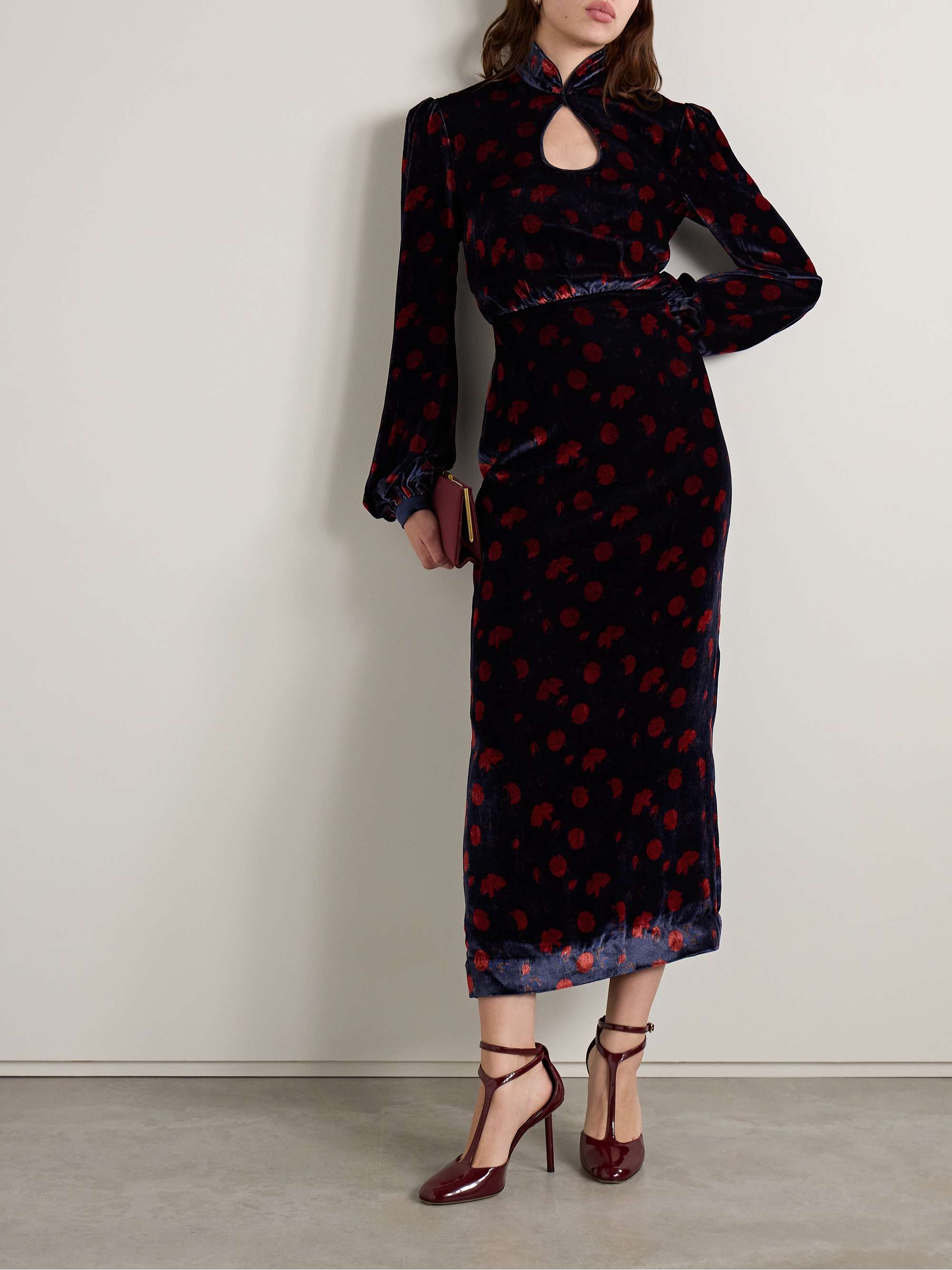 Domino cutout floral-print velvet turtleneck midi dress view