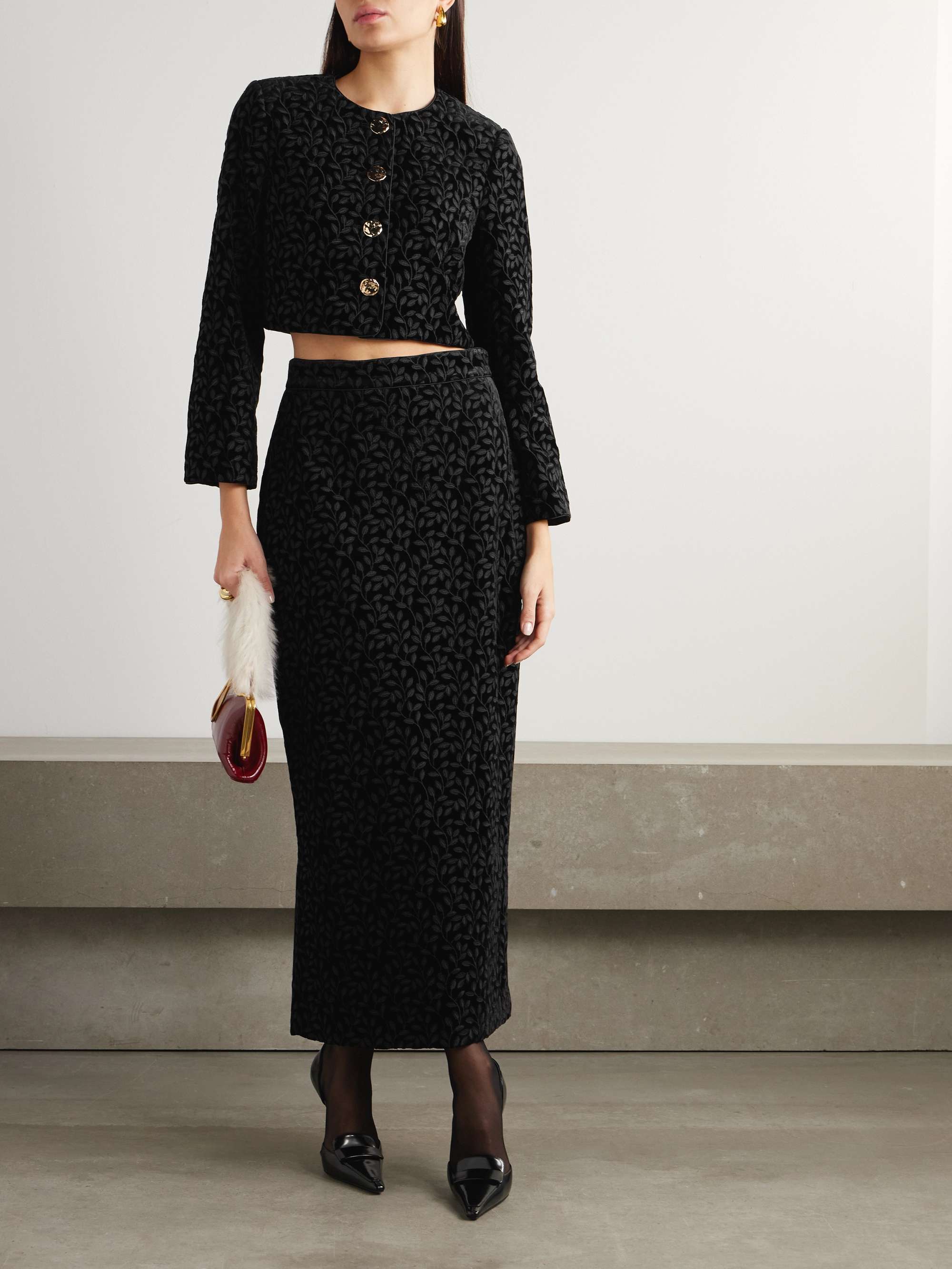 Nat satin-trimmed embroidered velvet midi skirt view