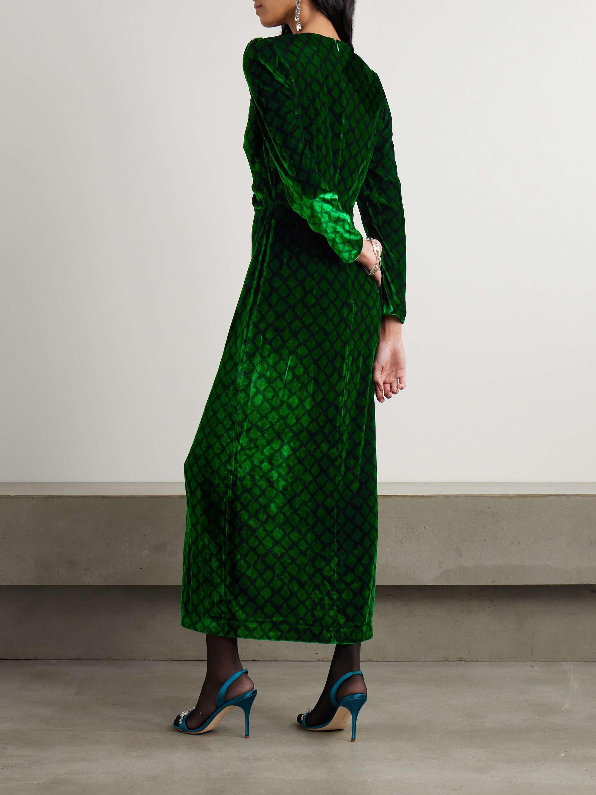 Jinx C embellished silk-trimmed printed velvet midi dress view