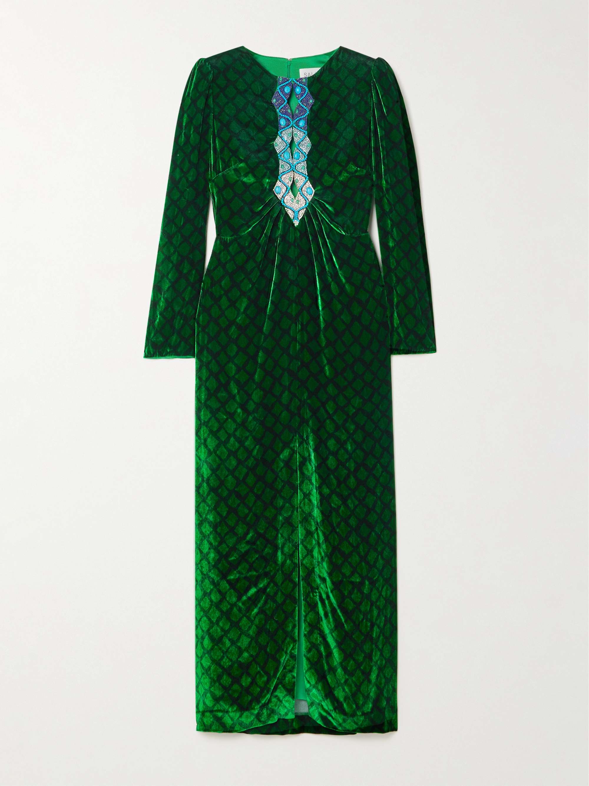 Jinx C embellished silk-trimmed printed velvet midi dress view