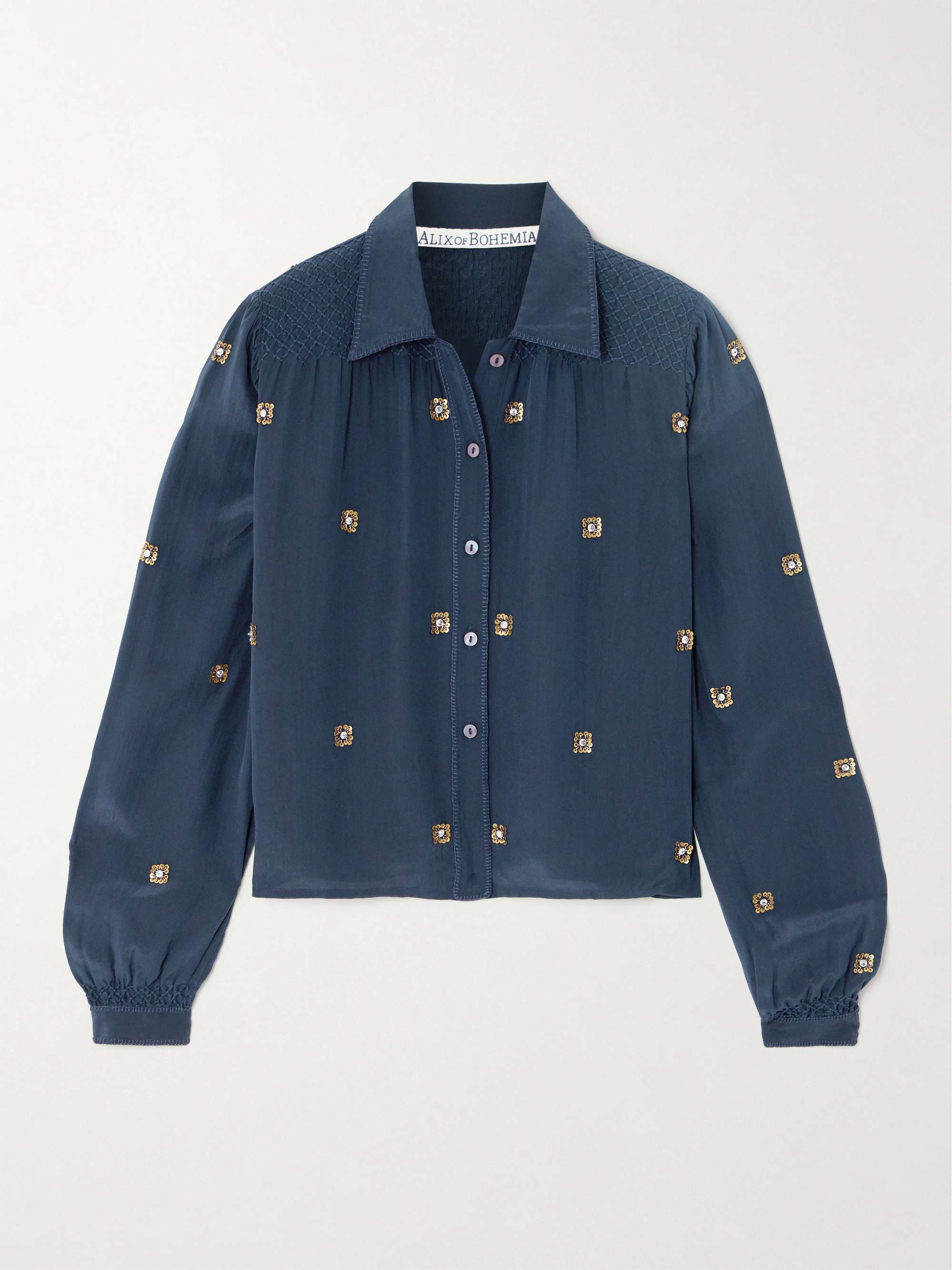 Priscilla Casino Night embellished smocked silk shirt view