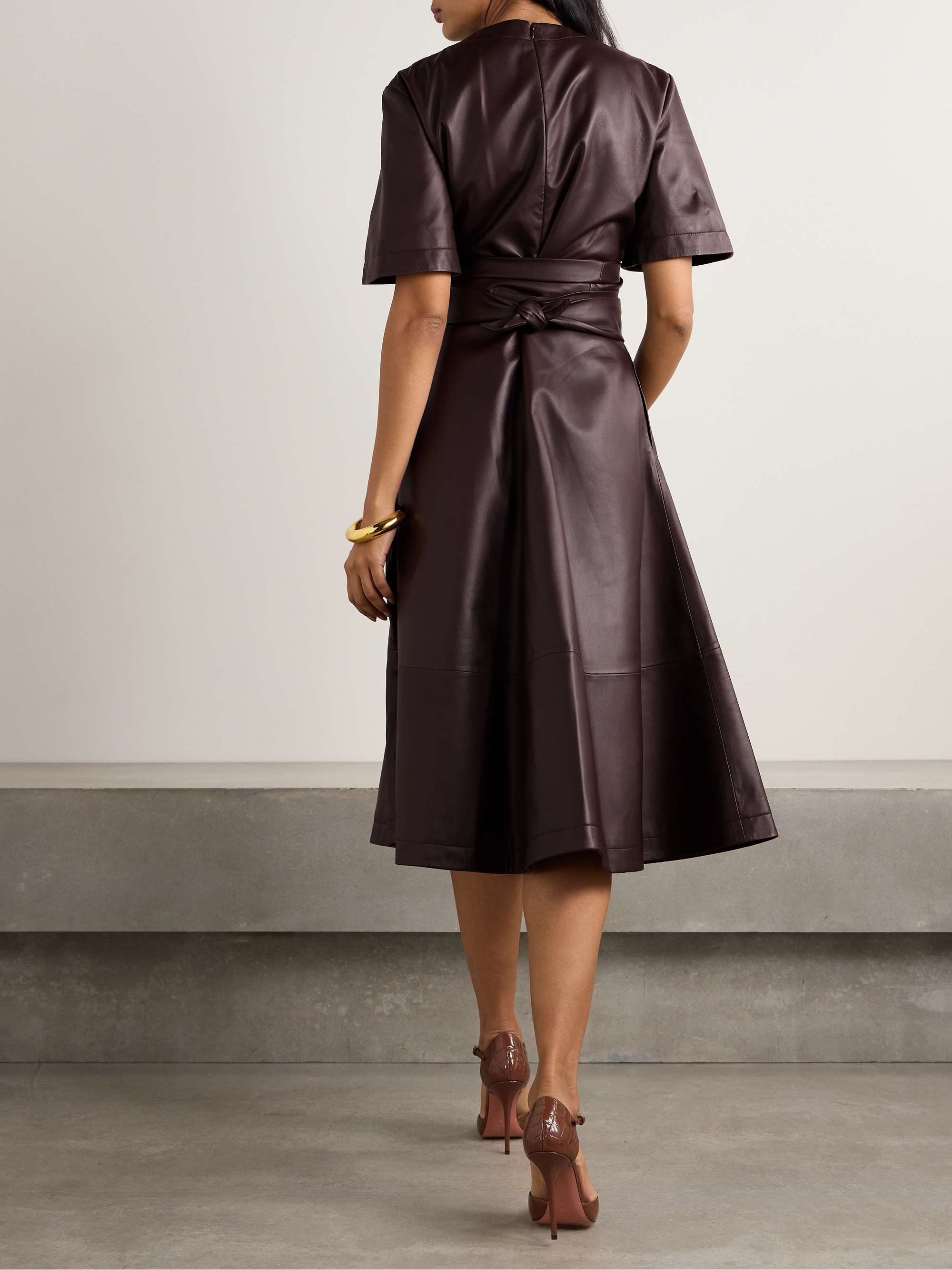 Honey embellished draped leather midi dress view