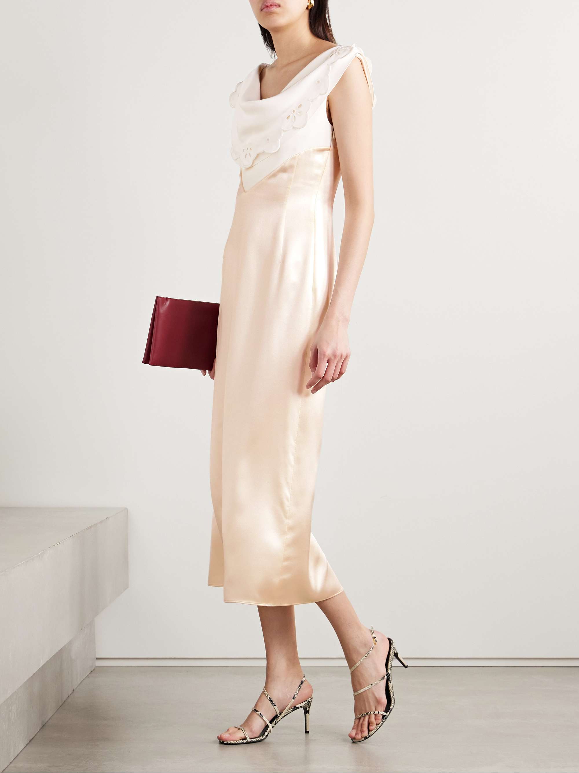 Fragolina draped broderie anglaise-paneled silk-satin midi dress view