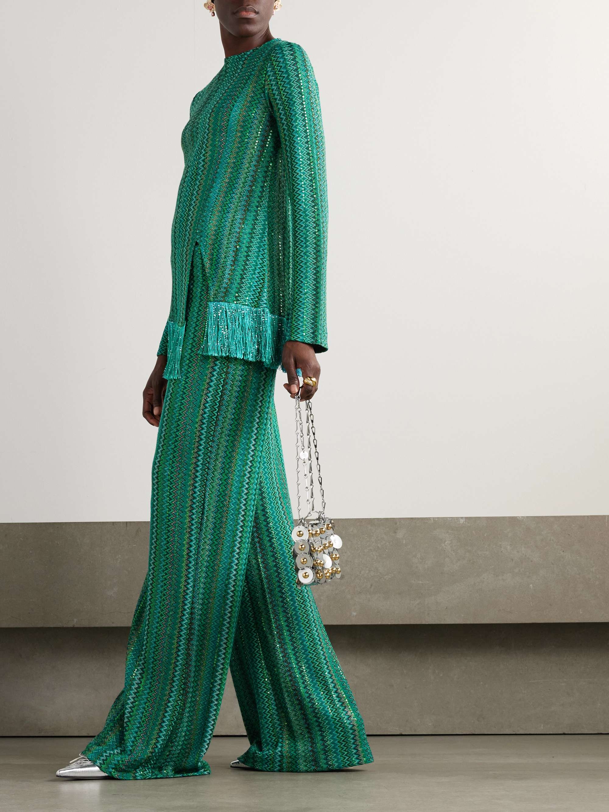 Sequin-embellished metallic crochet-knit wide-leg pants view