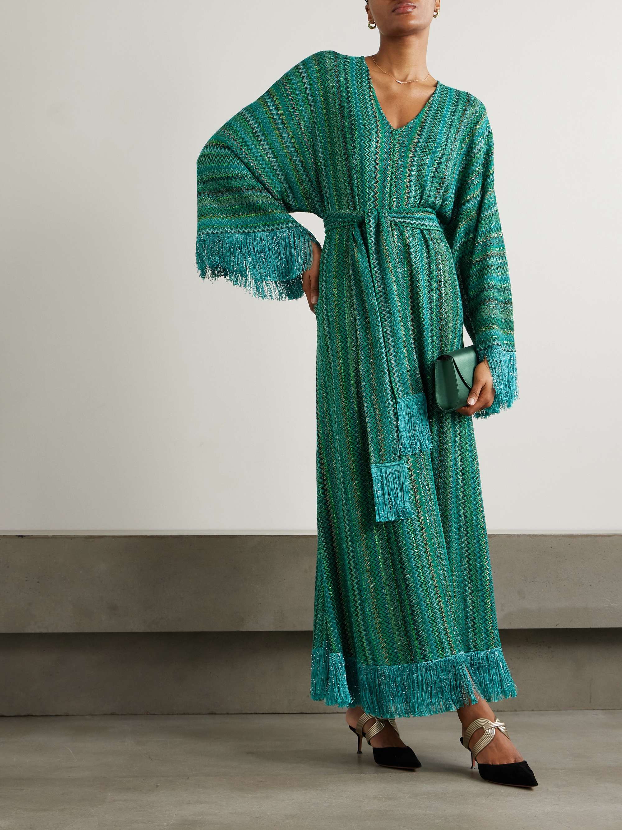 Frayed sequined striped metallic crochet-knit maxi dress view